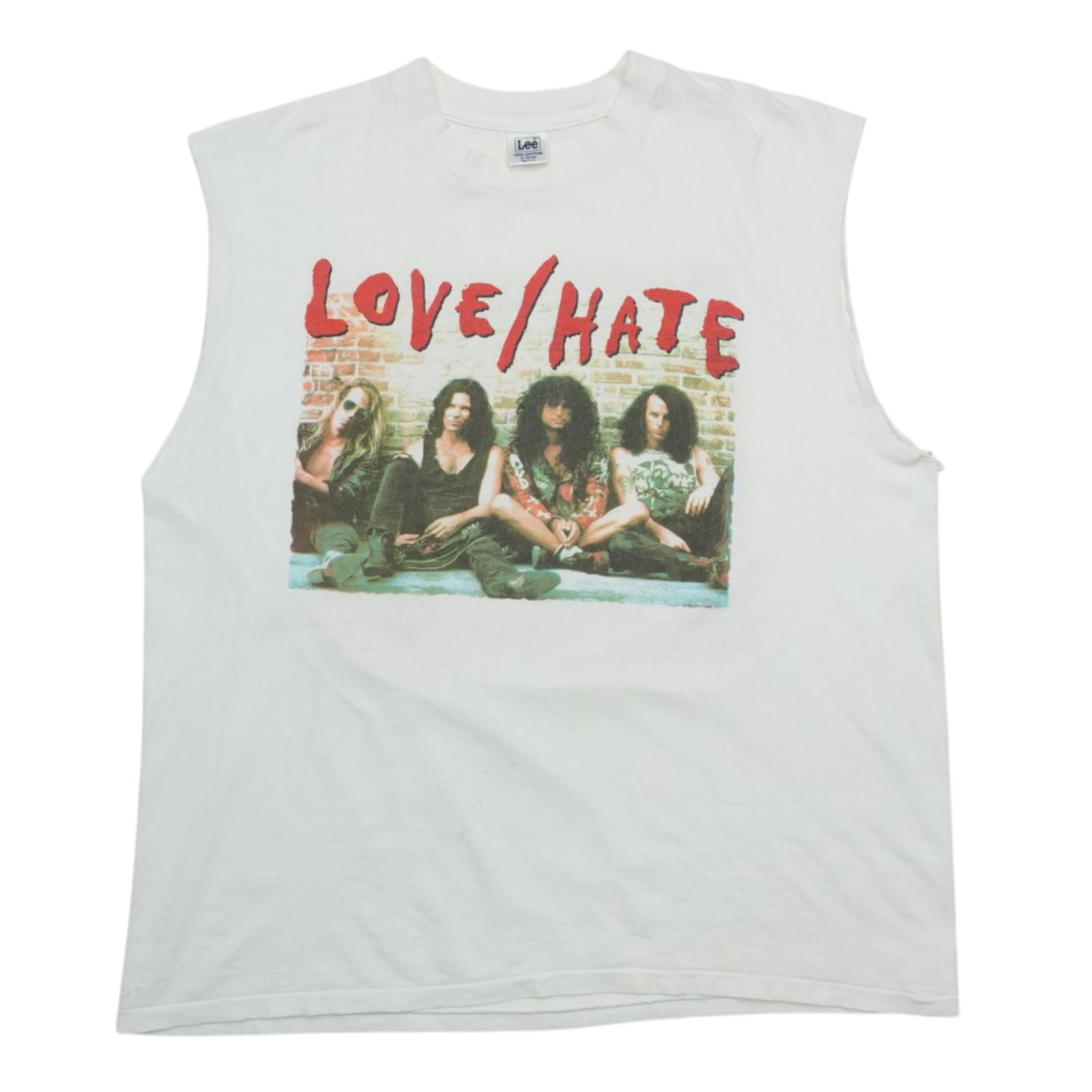 Vintage 1989 Love/Hate Graphic Cutoff White Cotton Shirt Extra Large: Vintage 1989 Love/Hate Graphic Cutoff White Cotton Shirt Extra Large This is an original vintage 1989 Love/Hate cutoff shirt featuring graphics on both the front and back. Made from 100% cotton, the s