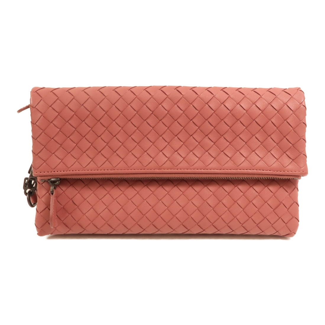 Bottega Veneta Intrecciato Leather Clutch in Dusty Pink: Bottega Veneta Intrecciato Leather Clutch in Dusty Pink This Bottega Veneta clutch features the brand's iconic Intrecciato leather in a dusty pink color. The bag is designed for women and is crafted i
