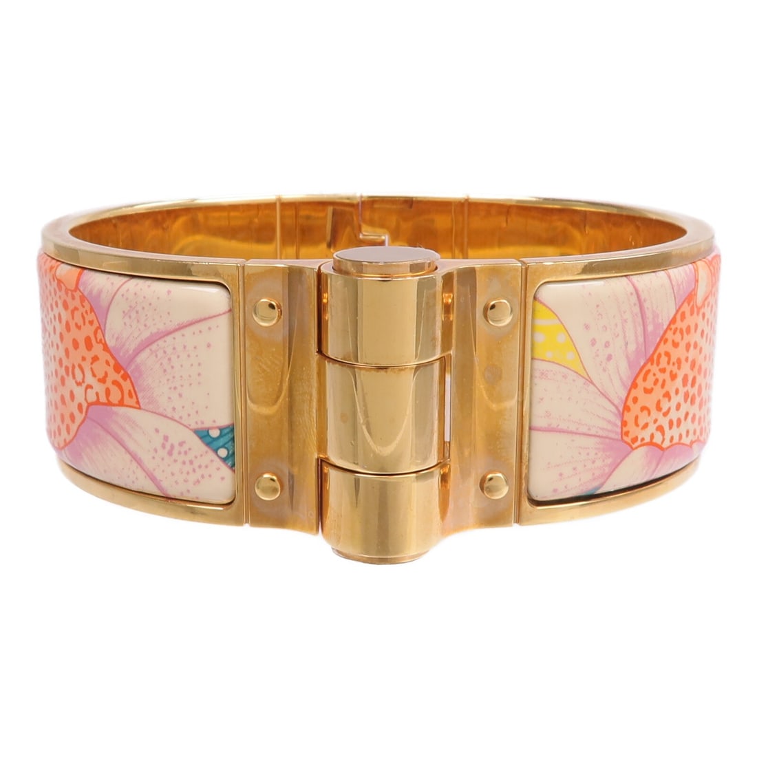 Enamel and Gold Tone Charniere Bracelet in Orange and Yellow by Hermes: Enamel and Gold Tone Charniere Bracelet in Orange and Yellow by Hermes This Hermes Charniere bracelet features a striking combination of orange and yellow enamel with gold-tone accents. Designed for w