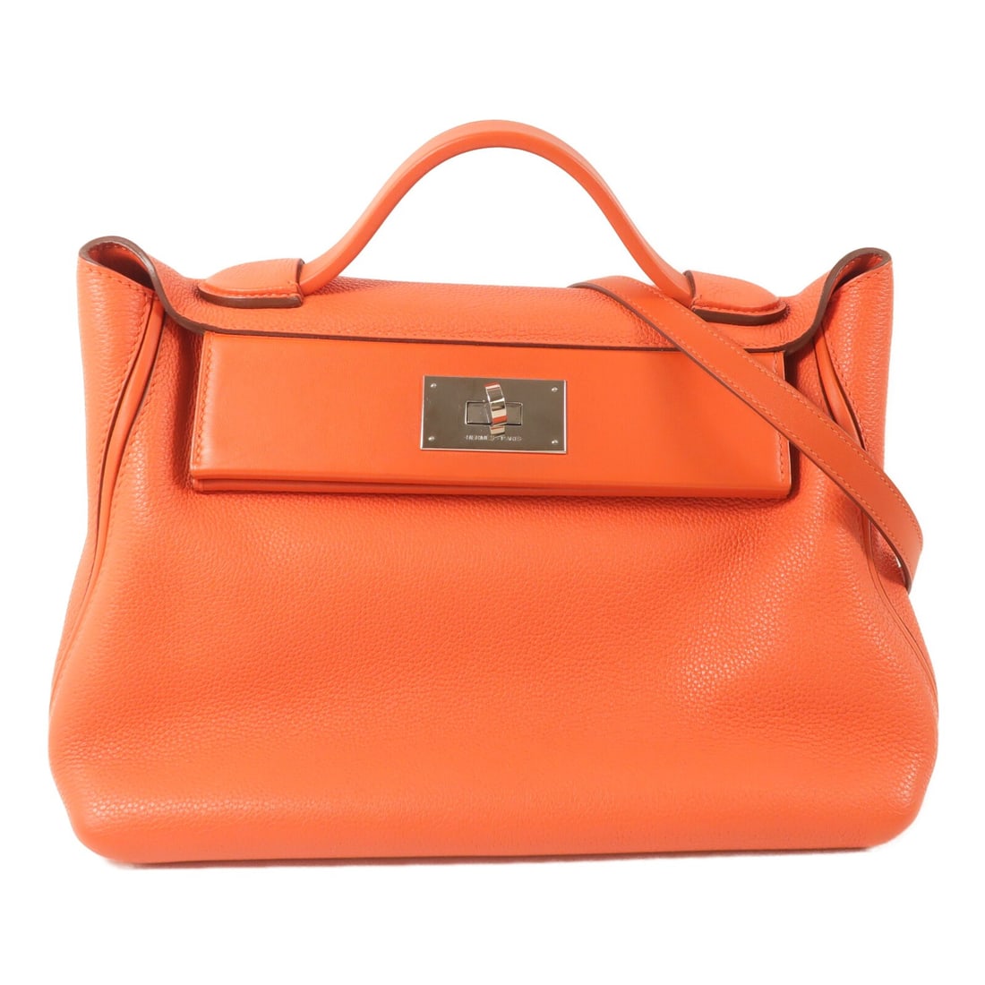 Hermes 24 29cm Capucine Clemence Leather 2 Way Shoulder Bag: Hermes 24 29cm Capucine Clemence Leather 2 Way Shoulder Bag This Hermes 24/24 29cm 2-way shoulder bag is crafted from Clemence calfskin leather in a striking orange color. Designed for versatility, it