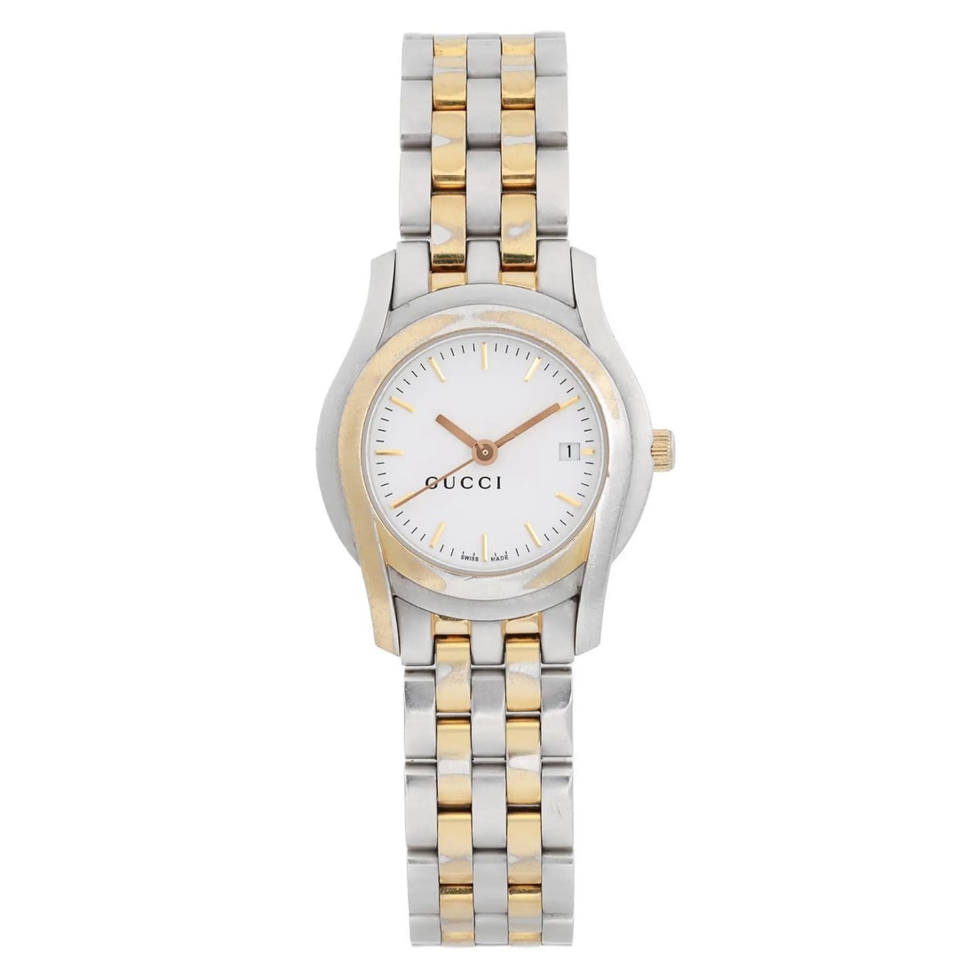 Gucci 5500L Ladies Quartz Watch YA055528 White Dial Gold Tone: Gucci 5500L Ladies Quartz Watch YA055528 White Dial Gold Tone This elegant Gucci 5500L wristwatch features a refined white sticks dial complemented by a gold-tone fixed bezel. The luxurious design is 