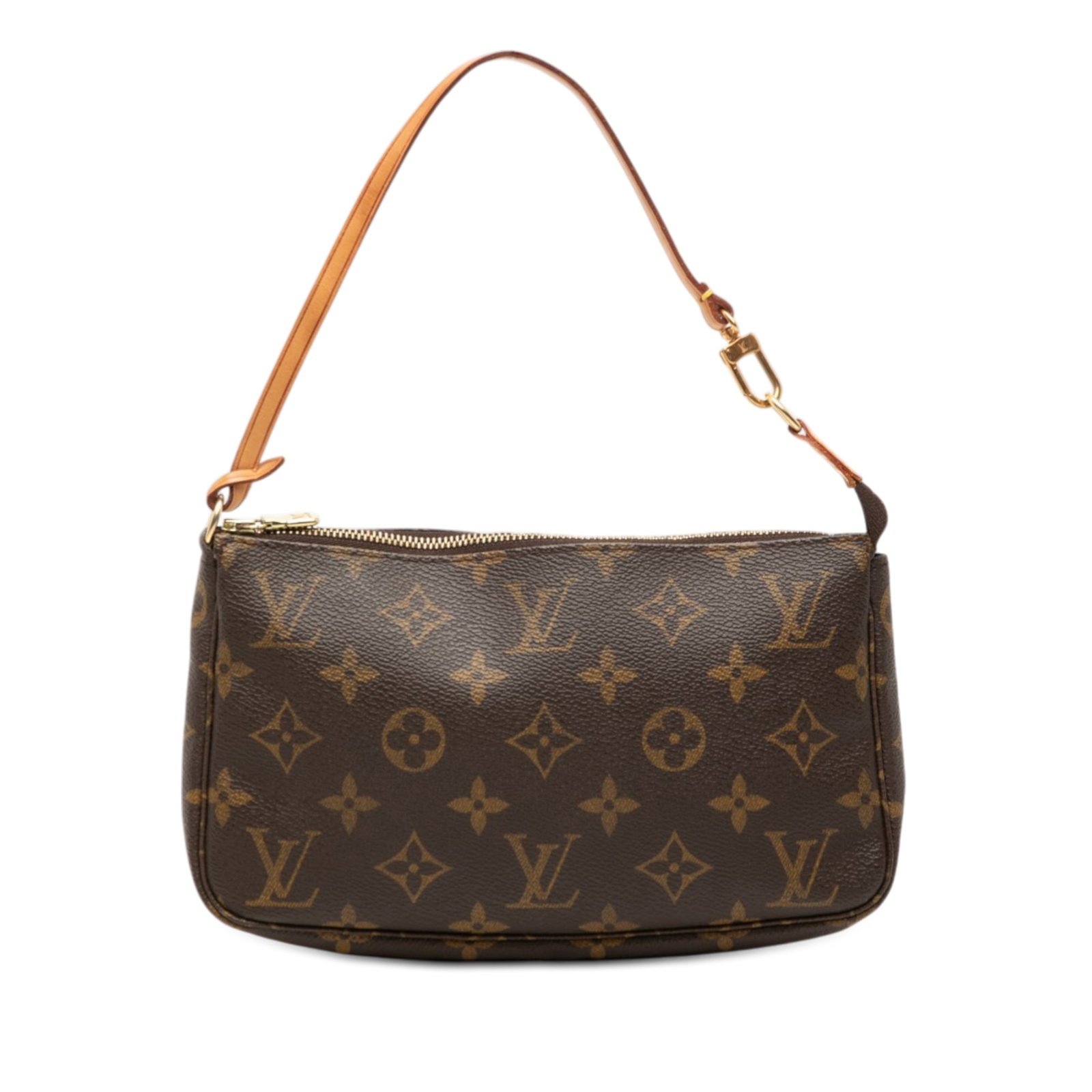 Louis Vuitton Brown Monogram Canvas Pochette Accessoires Handbag France: Louis Vuitton Brown Monogram Canvas Pochette Accessoires Handbag France This Louis Vuitton Monogram Pochette Accessoires features a signature monogram canvas body with a flat vachetta leather handle a