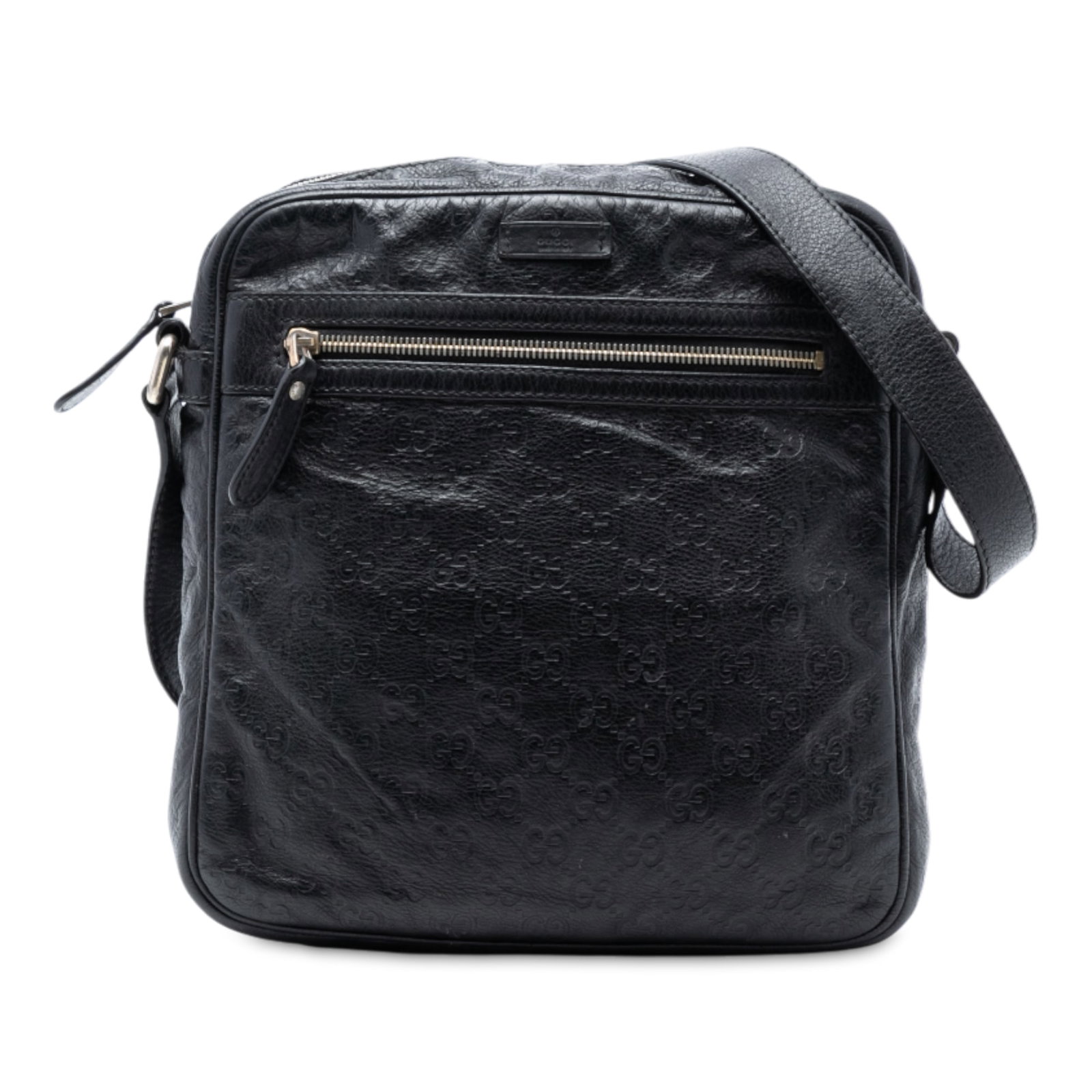 Gucci Guccissima Black Leather Crossbody Bag with Adjustable Strap: Gucci Guccissima Black Leather Crossbody Bag with Adjustable Strap This Guccissima crossbody bag is crafted from black leather and features an adjustable flat leather strap, a top zip closure, an exte