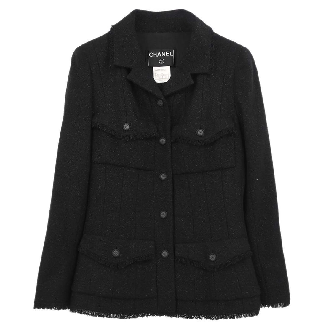 CHANEL Black Wool Nylon Jacket FR 34 Logo Pockets (1 of 18)