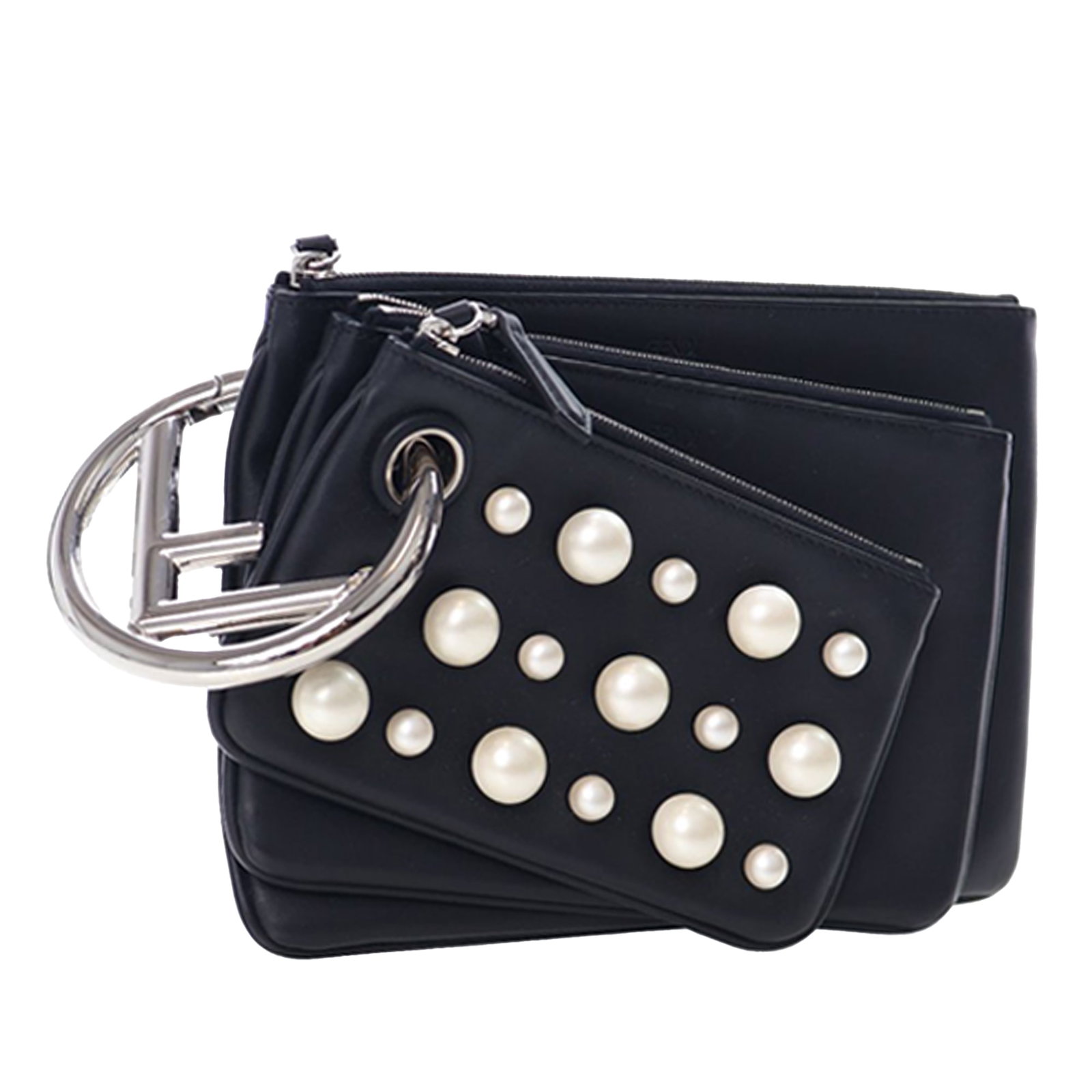 Fendi Triplette Black Leather Clutch with Faux Pearl Embellishments: Fendi Triplette Black Leather Clutch with Faux Pearl Embellishments This Fendi Triplette clutch features a black leather body adorned with faux pearl appliques and is accented by a silver-tone ring ha