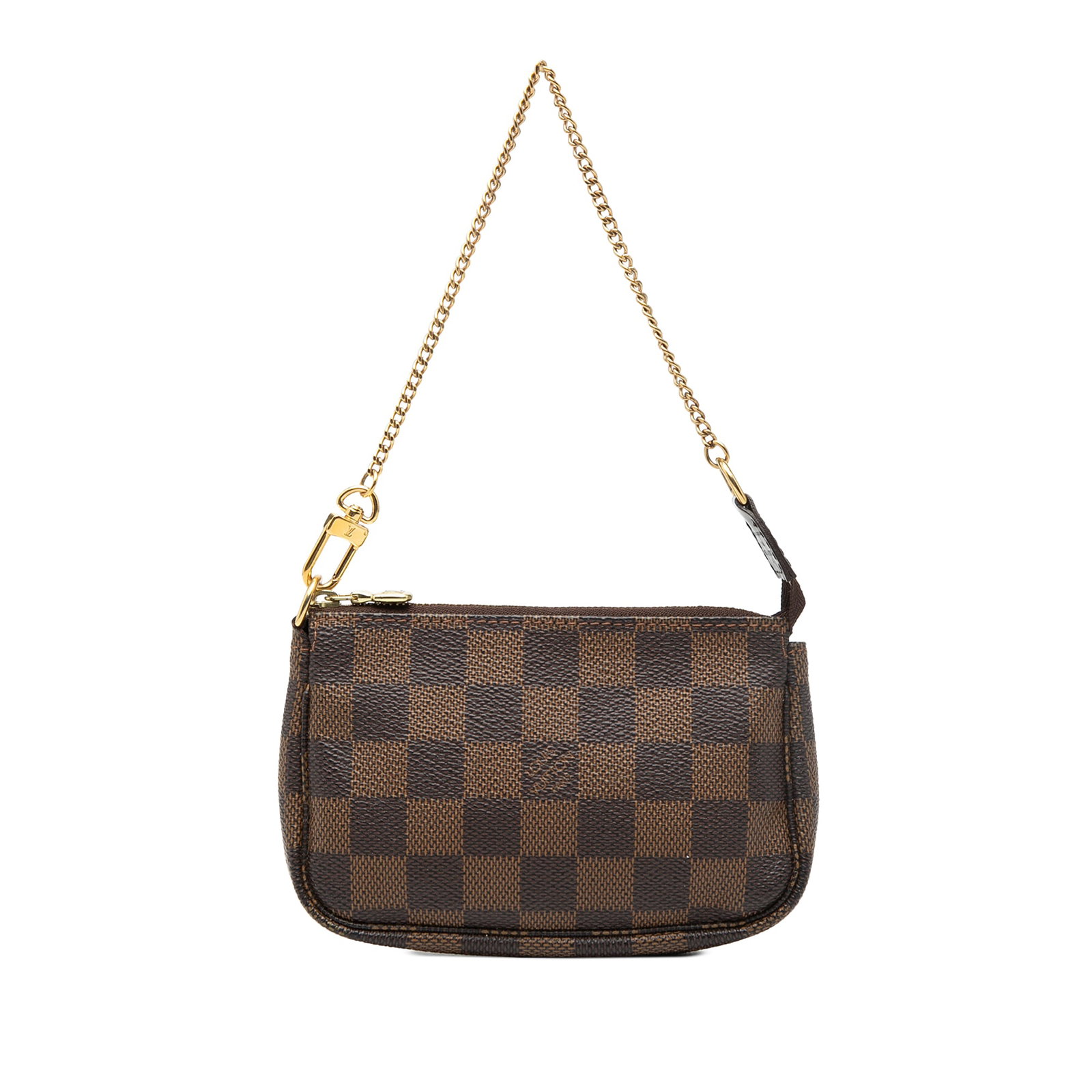 Louis Vuitton Mini Pochette Accessoires Damier Ebene Canvas with Chain Strap: Louis Vuitton Mini Pochette Accessoires Damier Ebene Canvas with Chain Strap This Louis Vuitton Damier Ebene Mini Pochette Accessoires features a brown damier canvas body, a gold-tone chain strap, and