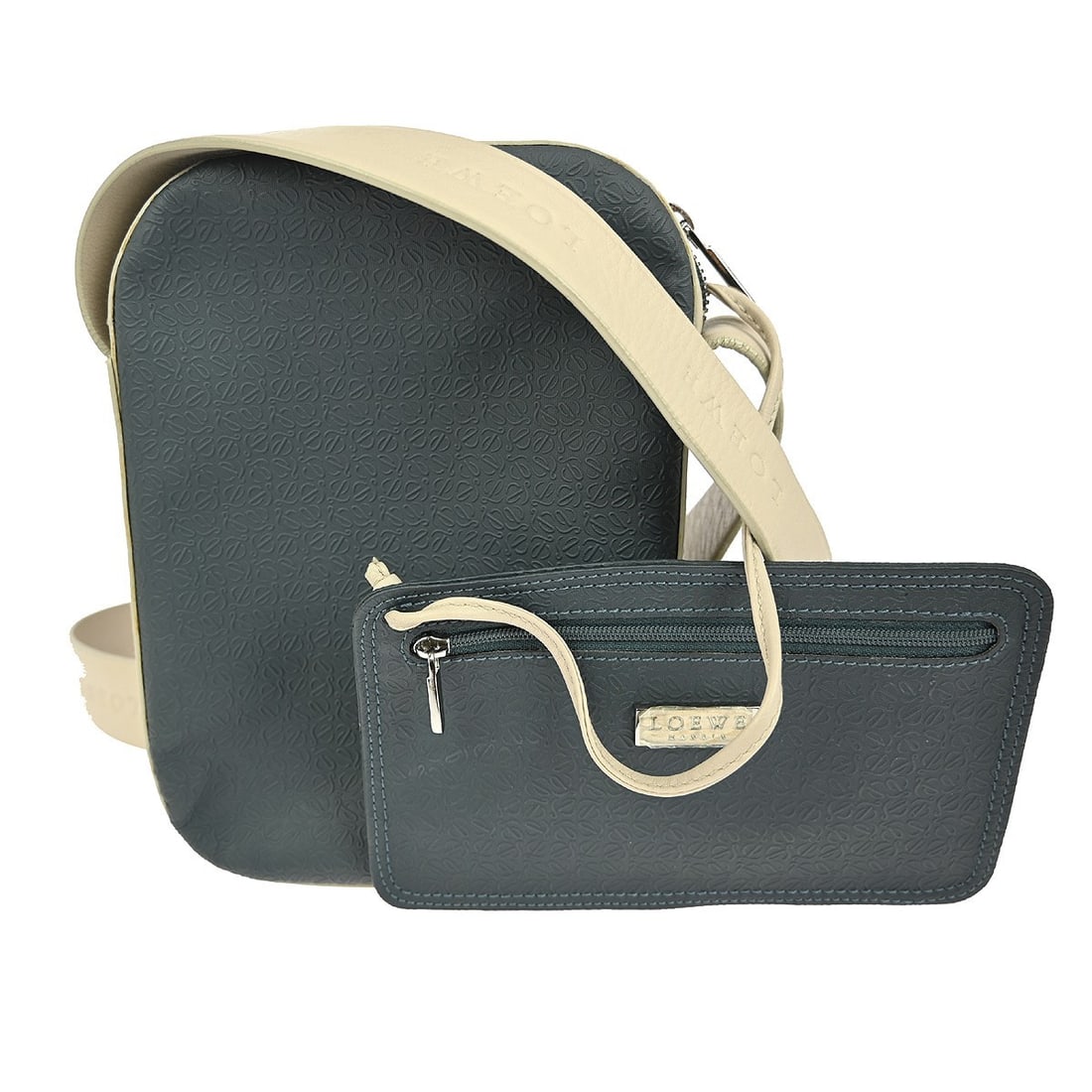 Loewe Blue Gray Leather PVC Crossbody Bag with Adjustable Shoulder Strap: Loewe Blue Gray Leather PVC Crossbody Bag with Adjustable Shoulder Strap This stylish Loewe shoulder bag features a sophisticated blue-gray exterior crafted from durable leather PVC. Designed for vers