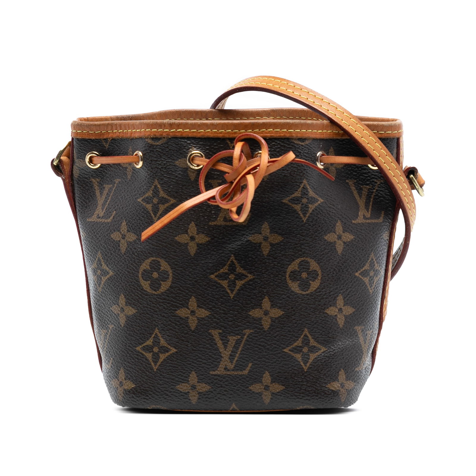 Louis Vuitton Nano Noe Monogram Canvas Mini Bucket Bag with Vachetta Leather Trim: Louis Vuitton Nano Noe Monogram Canvas Mini Bucket Bag with Vachetta Leather Trim The Louis Vuitton Monogram Nano Noe features a monogram canvas body accented with vachetta leather trim, a flat vachet