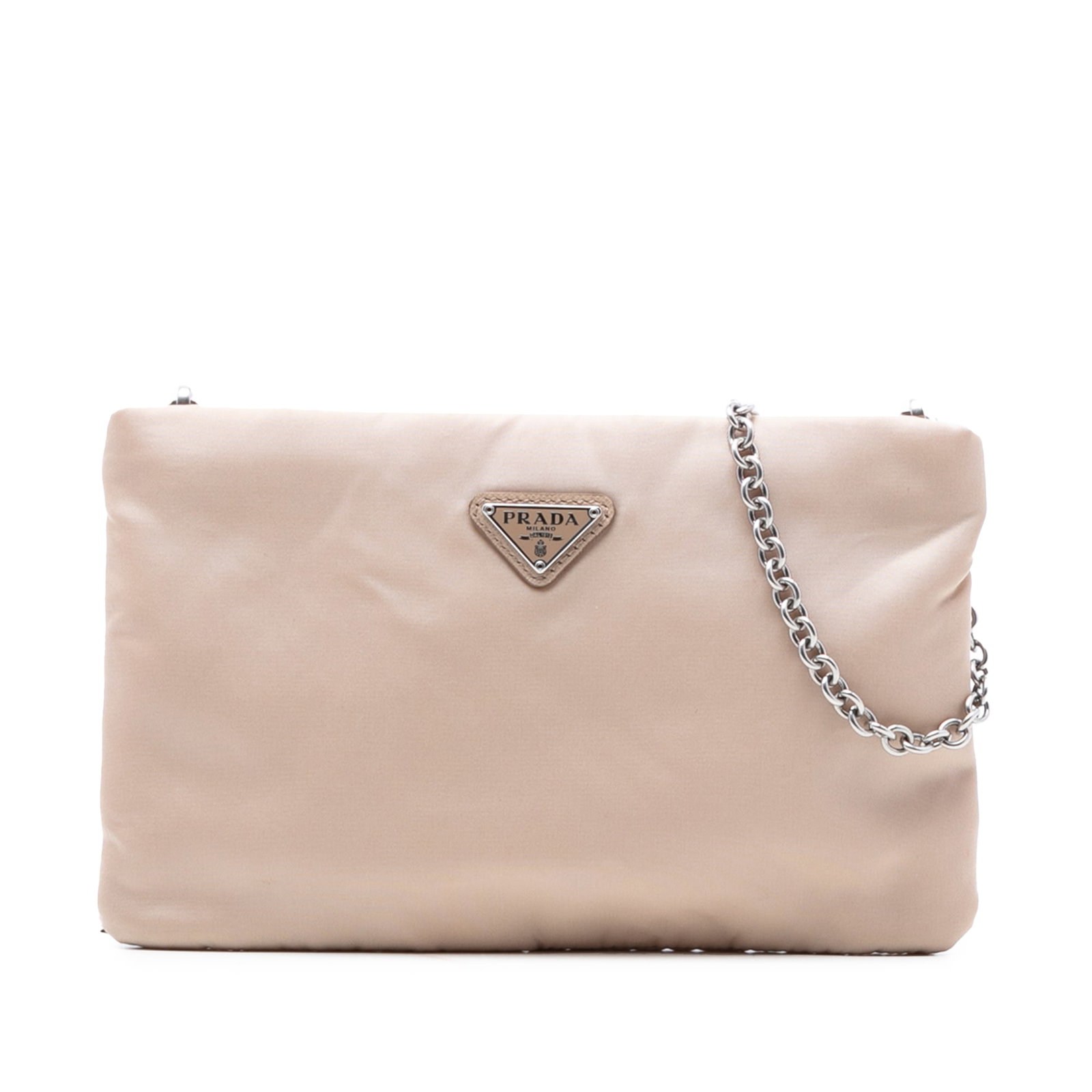 Beige Prada Tessuto Nylon Crossbody Clutch with Detachable Chain Strap: Beige Prada Tessuto Nylon Crossbody Clutch with Detachable Chain Strap This Prada Tessuto Clutch features a beige nylon body with a detachable chain strap and a top zip closure. The bag is designed fo