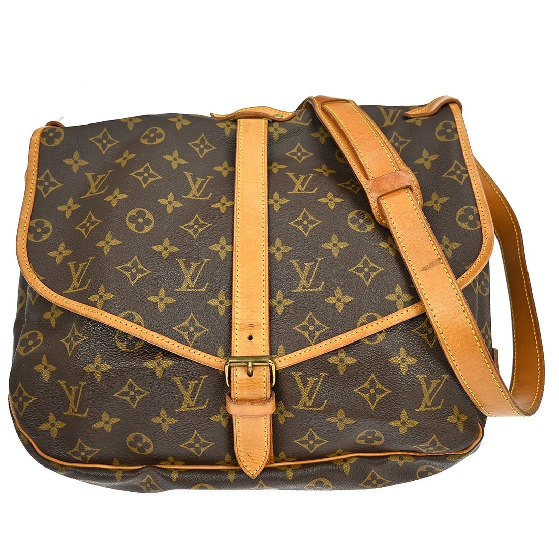 Monogram Canvas Saumur Bag by Louis Vuitton in Brown: Monogram Canvas Saumur Bag by Louis Vuitton in Brown The Louis Vuitton Saumur Handbag features the iconic Monogram canvas in a brown colorway, designed for unisex use. This versatile bag, crafted in F