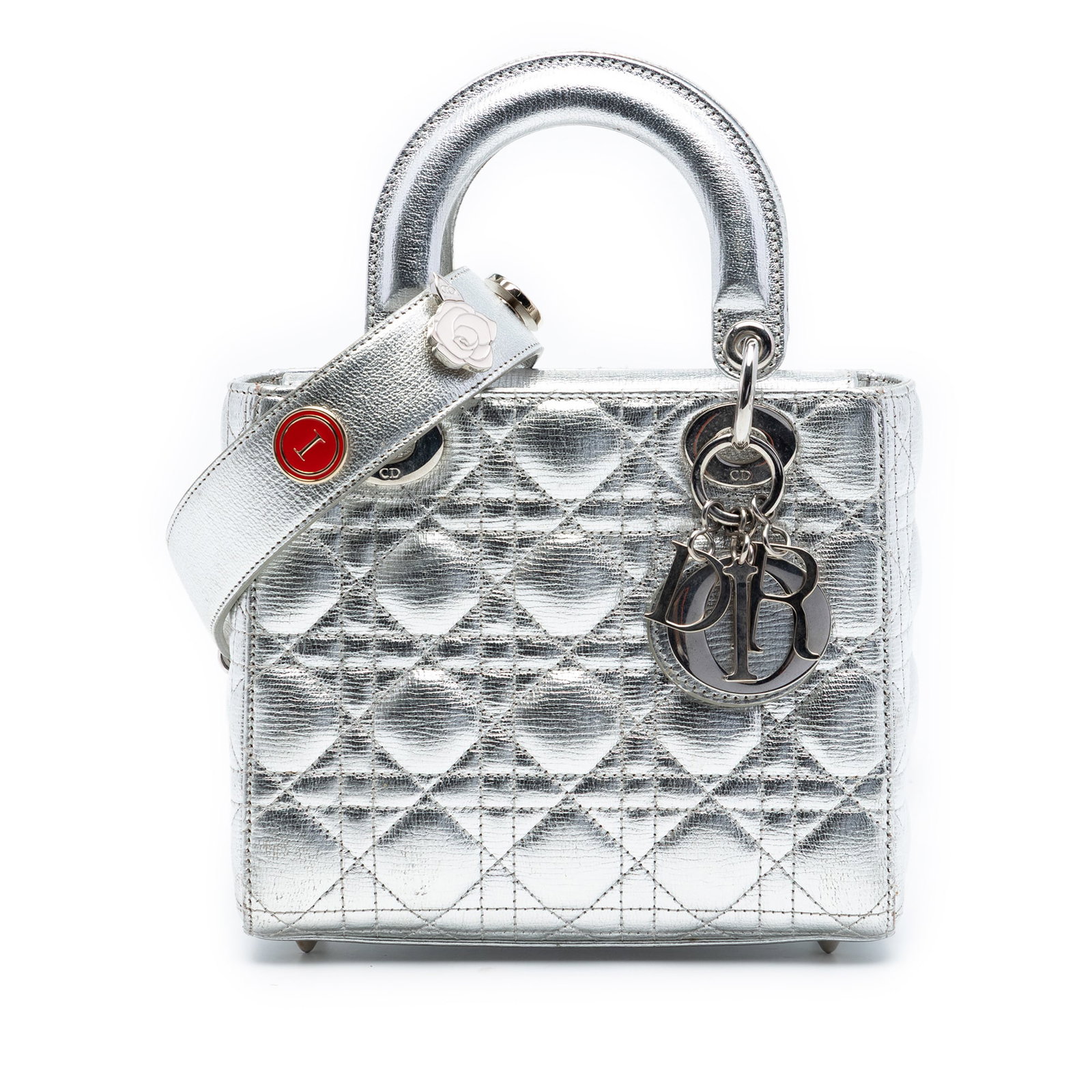 Dior Lady Dior Small Silver Metallic Lambskin Cannage Shoulder Bag: Dior Lady Dior Small Silver Metallic Lambskin Cannage Shoulder Bag This Small Metallic Lambskin Cannage My ABCDior Lady Dior features a quilted leather body in a silver tone, flat leather top handles,