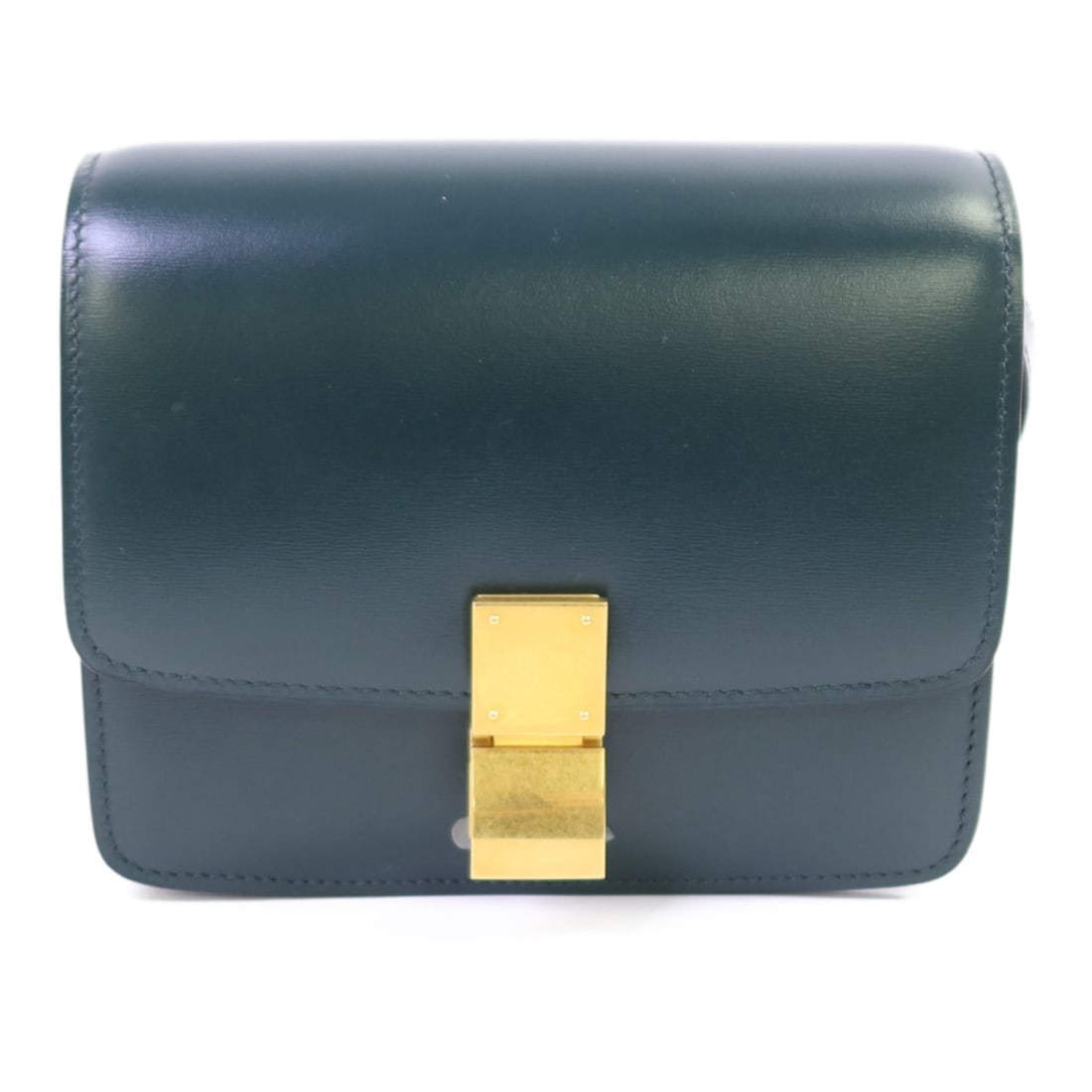 Mini Classic Box Shoulder Bag in Green Calfskin by CELINE with Gold Hardware: Mini Classic Box Shoulder Bag in Green Calfskin by CELINE with Gold Hardware This CELINE Mini Classic Box shoulder bag is crafted from green calfskin leather and features a structured silhouette. Desi
