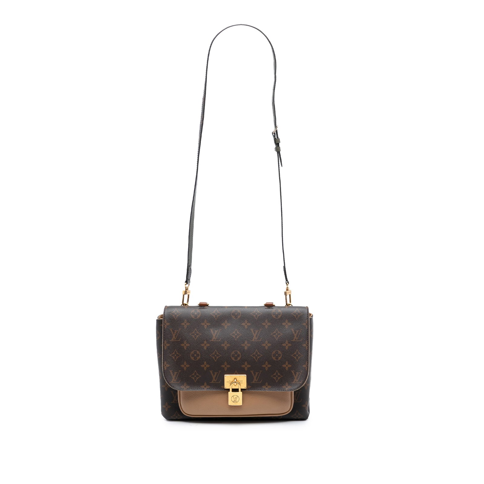 Louis Vuitton Marignan Brown Monogram Canvas Shoulder Bag with Leather Trim: Louis Vuitton Marignan Brown Monogram Canvas Shoulder Bag with Leather Trim The Louis Vuitton Monogram Marignan features a monogram canvas body with leather trim, a rolled leather top handle, and a de