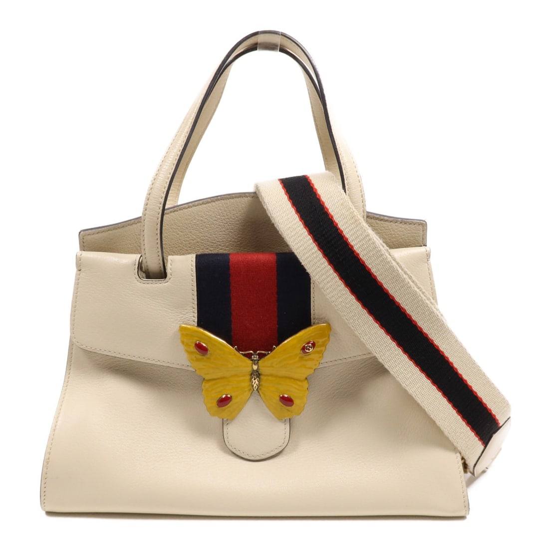 GUCCI GG GHW Butterfly 2way Shoulder Bag White Calfskin Leather: GUCCI GG GHW Butterfly 2way Shoulder Bag White Calfskin Leather This chic GUCCI GG GHW Totern Butterfly 2way Shoulder Bag is crafted from premium calfskin leather in an elegant white hue. The bag feat