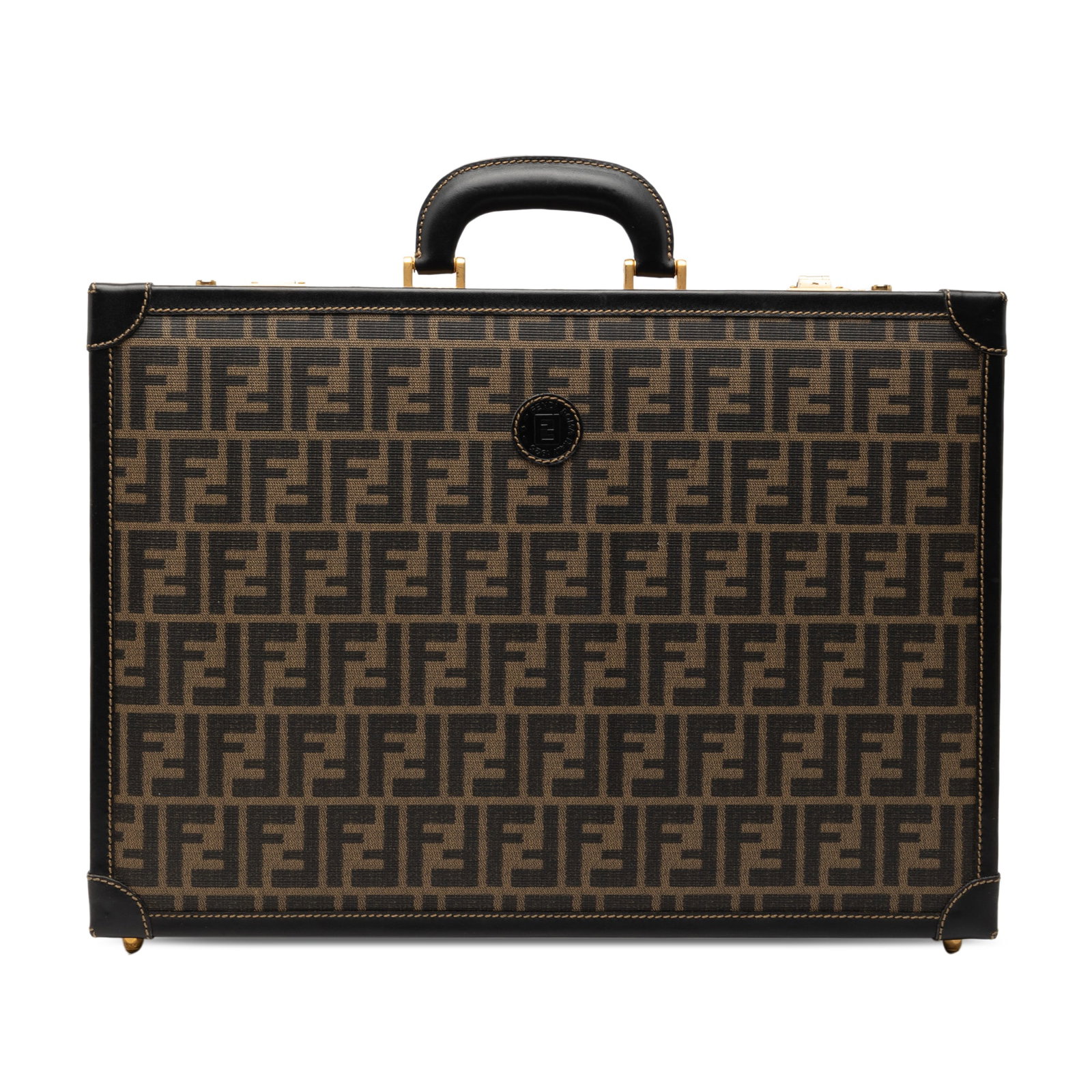 Fendi Zucca Pattern Canvas Luggage Trunk with Leather Trim: Fendi Zucca Pattern Canvas Luggage Trunk with Leather Trim This Fendi Zucca travel bag features a coated canvas body with leather trim, flat handle, a top combination lock closure, and interior compar