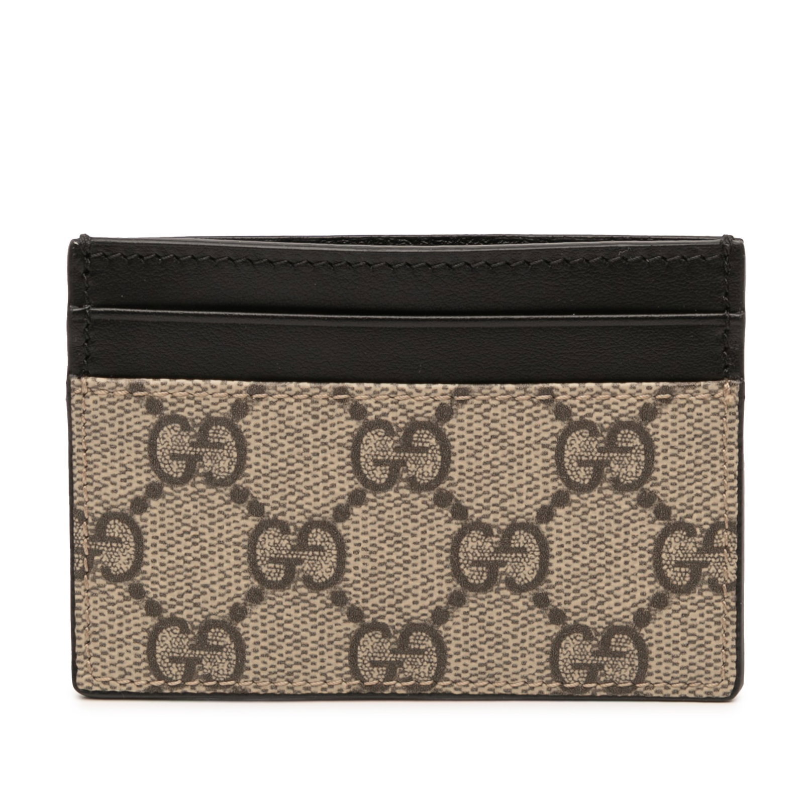 Gucci Brown GG Supreme Canvas Card Holder with Leather Trim: Gucci Brown GG Supreme Canvas Card Holder with Leather Trim This Gucci GG Supreme Card Holder features a coated canvas body with leather trim and multiple card slots. The interior lining shows some cr