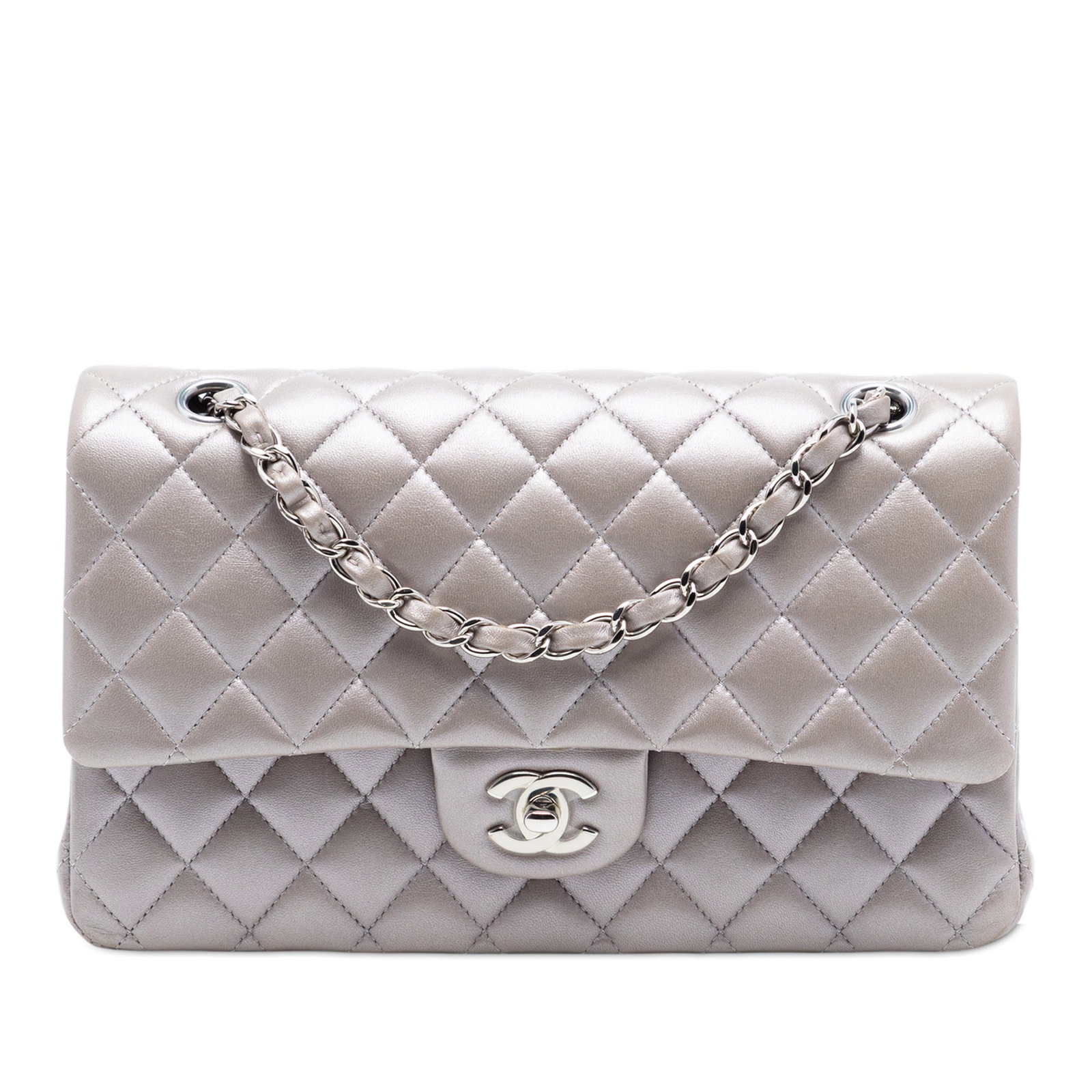 Chanel Metallic Gray Quilted Lambskin Medium Double Flap Shoulder Bag: Chanel Metallic Gray Quilted Lambskin Medium Double Flap Shoulder Bag This Chanel Medium Classic Metallic Lambskin Double Flap bag features a quilted lambskin leather exterior in gray, complemented by