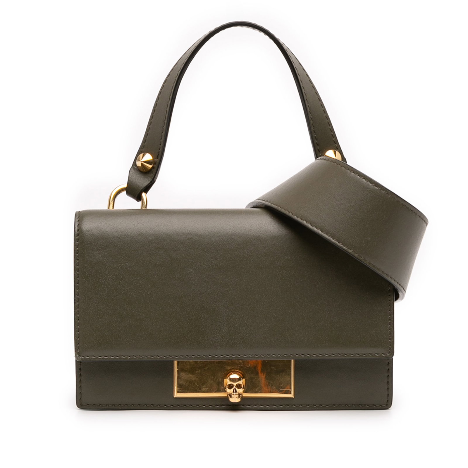 Alexander McQueen Green Mini Leather Skull Lock Satchel: Alexander McQueen Green Mini Leather Skull Lock Satchel This Alexander McQueen Mini Leather Skull Lock Top Handle Bag is a striking accessory made from high-quality leather, featuring a distinctive sk
