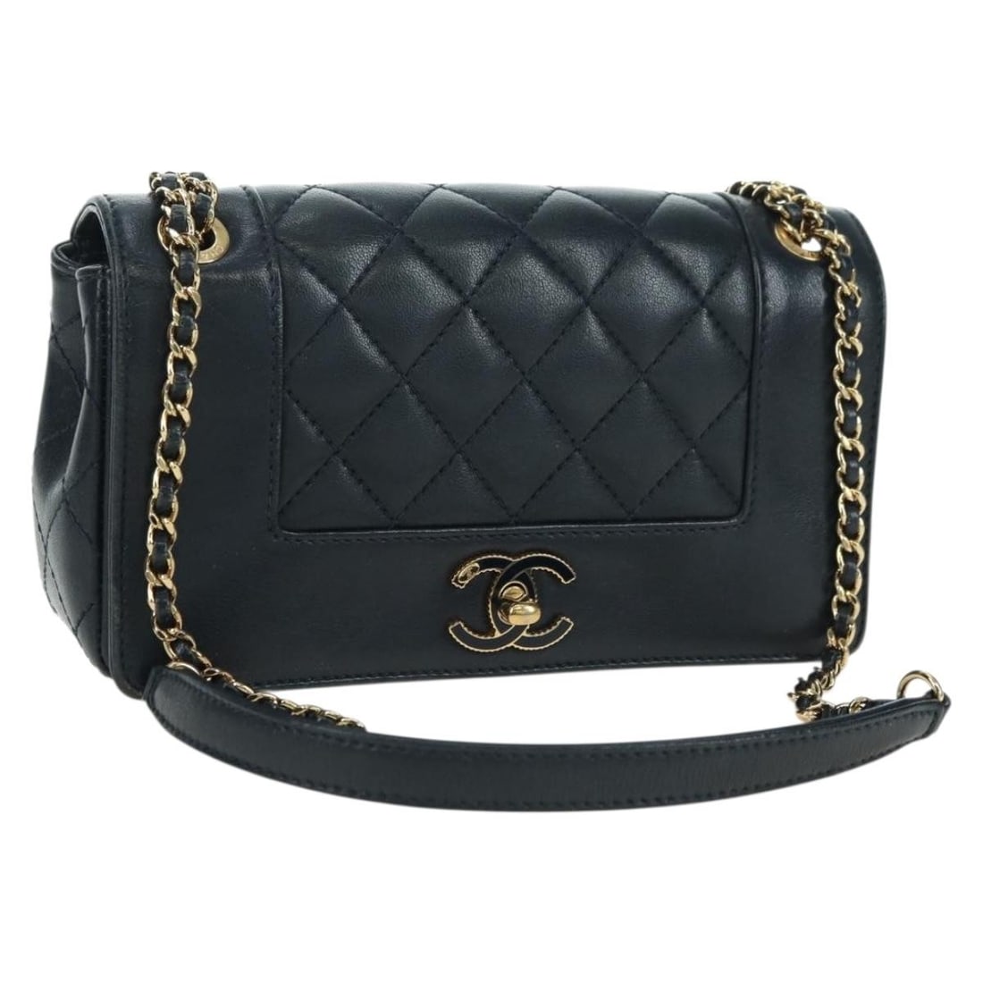 Chanel Matelasse Navy Gold Lambskin Shoulder Bag: Chanel Matelasse Navy Gold Lambskin Shoulder Bag This CHANEL Matelasse 21 chain shoulder bag is crafted from navy lambskin leather with gold-tone accents and features the iconic CC logo. Designed for 