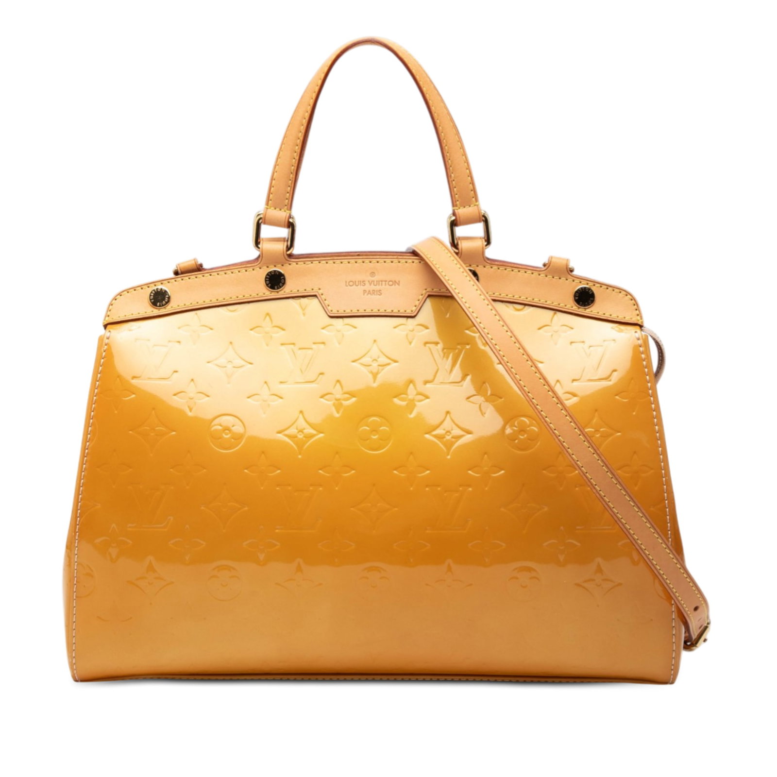 Louis Vuitton Brea MM Yellow Monogram Vernis Leather Handbag with Strap: Louis Vuitton Brea MM Yellow Monogram Vernis Leather Handbag with Strap This Louis Vuitton Monogram Vernis Brea MM features a monogram vernis leather body accented with vachetta leather trim, flat vac