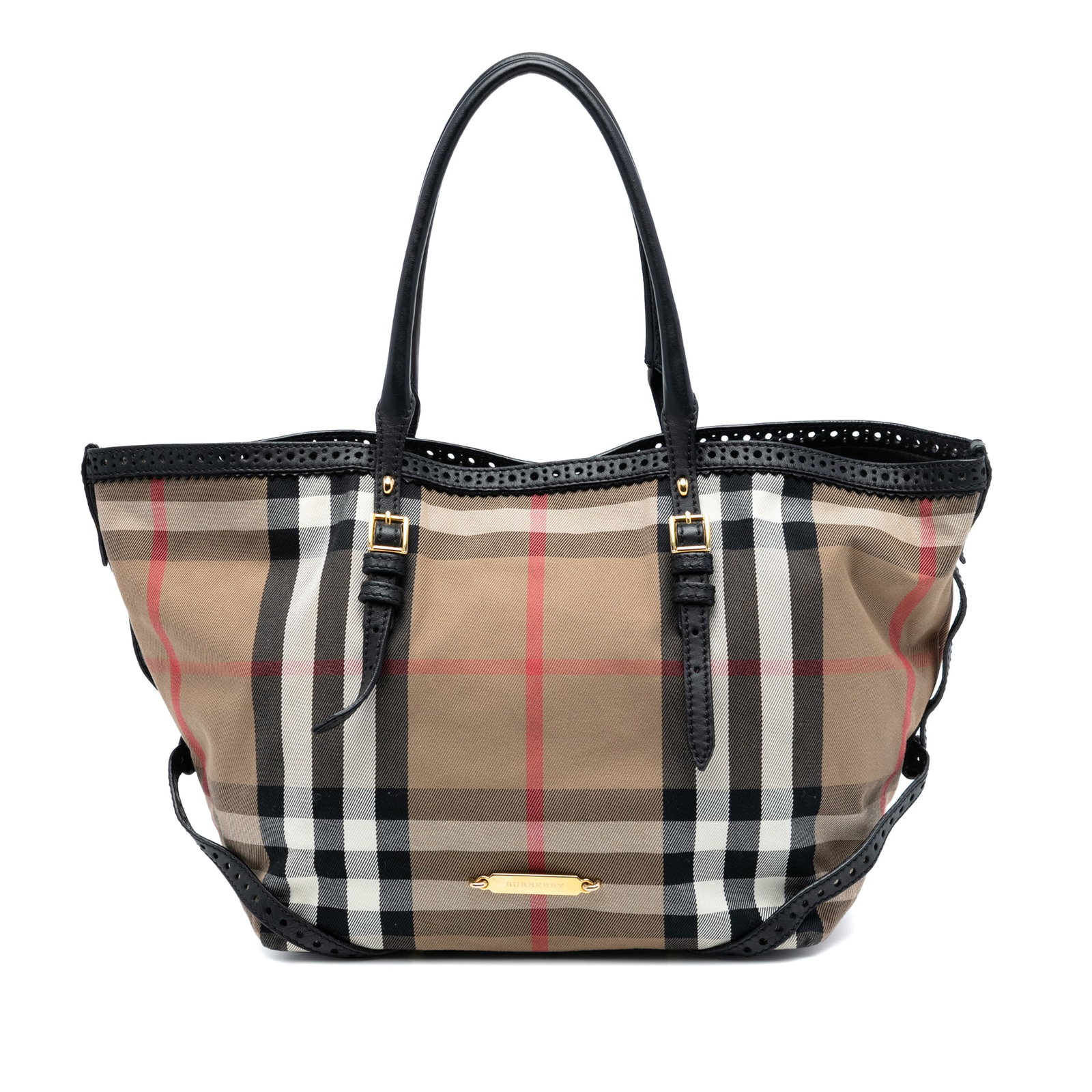 Burberry Salisbury Tote Small House Check Canvas with Leather Trim: Burberry Salisbury Tote Small House Check Canvas with Leather Trim This Burberry Small House Check Canvas Bridle Salisbury Tote features the iconic house check canvas with leather trim, rolled leather