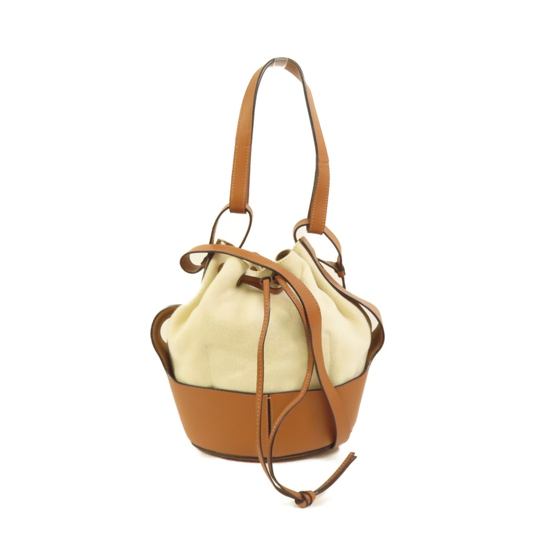 LOEWE Balloon Calfskin Canvas Brown Beige 2way Shoulder Bag: LOEWE Balloon Calfskin Canvas Brown Beige 2way Shoulder Bag This LOEWE Balloon 2way shoulder bag features a combination of calfskin leather and canvas in brown and beige tones. Designed for versatilit