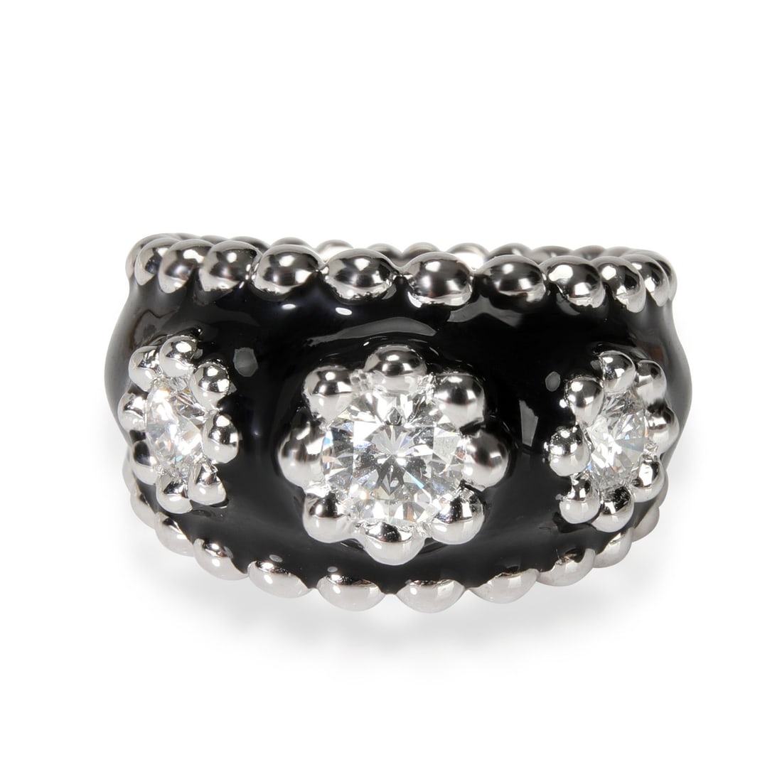 Chanel Vintage 18kt White Gold Diamond and Enamel Fashion Ring 0.9 Carat: Chanel Vintage 18kt White Gold Diamond and Enamel Fashion Ring 0.9 Carat This vintage Chanel cocktail ring features a round design crafted in 18kt white gold. The ring is set with diamonds totaling 0.