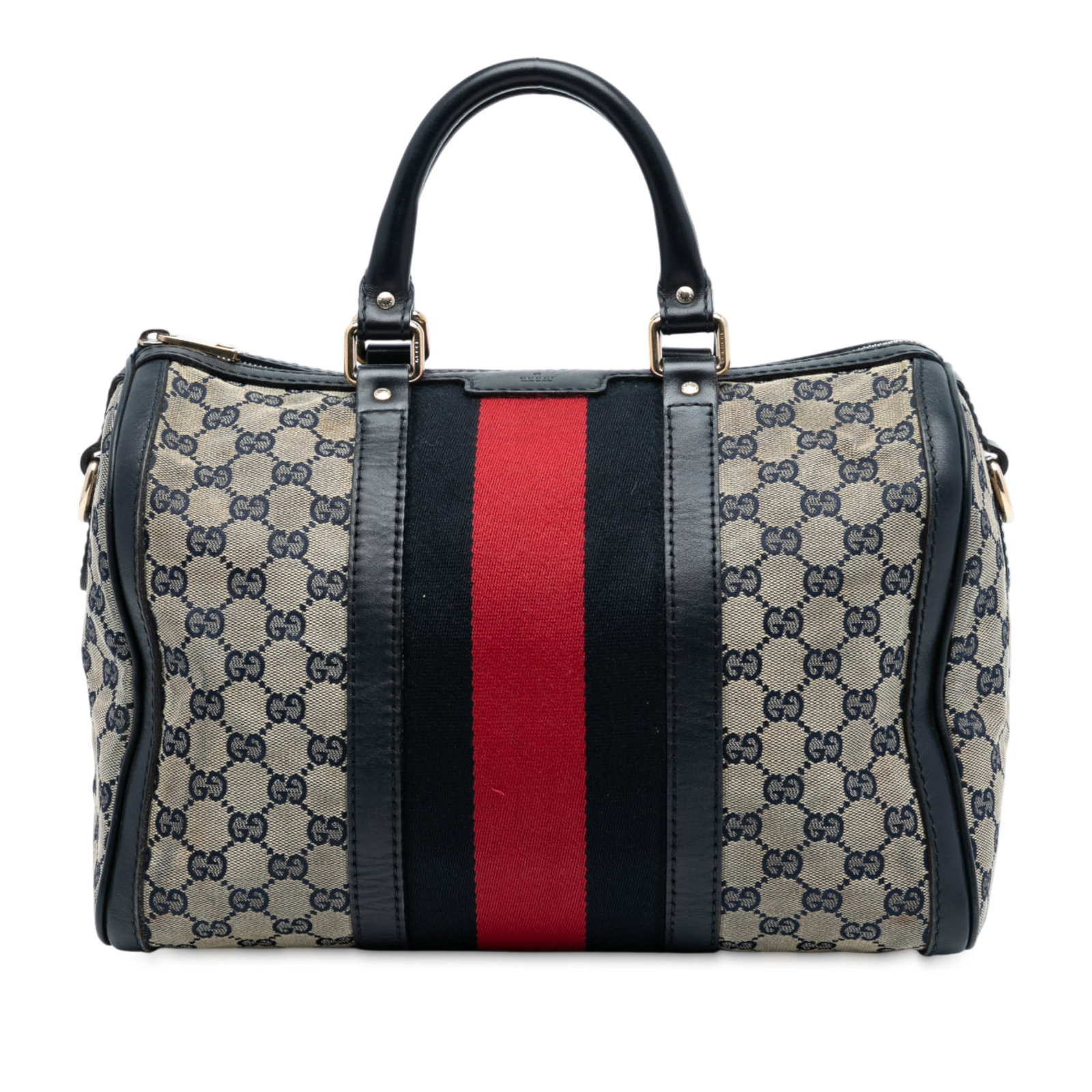 Gucci Joy Boston Medium Beige GG Canvas Satchel with Web Stripe: Gucci Joy Boston Medium Beige GG Canvas Satchel with Web Stripe This Gucci Medium GG Canvas Web Joy Boston Bag features a beige fabric body with GG canvas pattern, rolled leather handles, and a detach