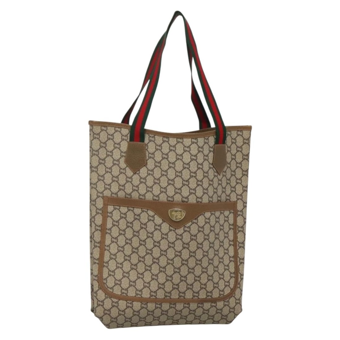 Vintage Gucci Tote Bag Beige Coated Canvas with Web Strap: Vintage Gucci Tote Bag Beige Coated Canvas with Web Strap This Gucci Vintage Web Strap Tote for women features beige coated canvas with the iconic GG pattern. The tote offers a spacious design suitabl