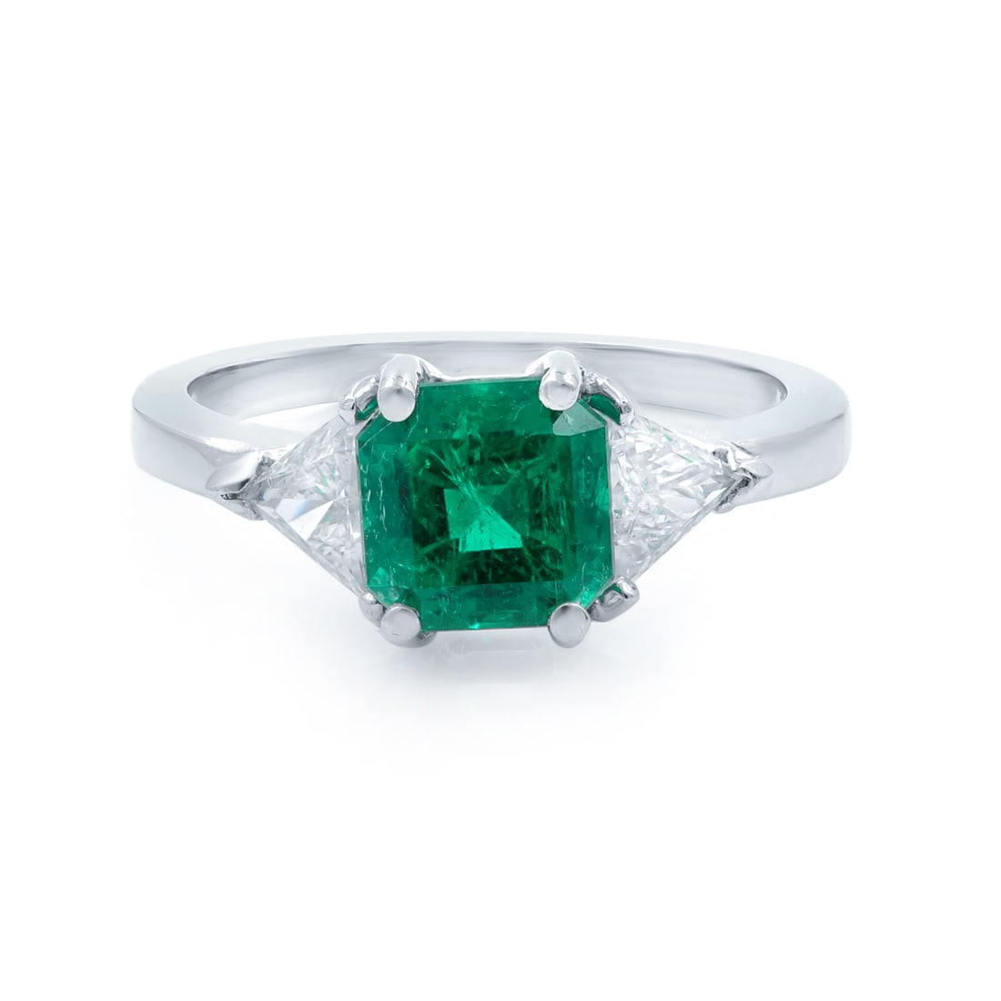 Rachel Koen Platinum Emerald Diamond Three Stone Engagement Ring 1.80Ct Green: Rachel Koen Platinum Emerald Diamond Three Stone Engagement Ring 1.80Ct Green This exquisite three-stone ring by Rachel Koen features a stunning natural Colombian emerald, weighing 1.80 carats, set be