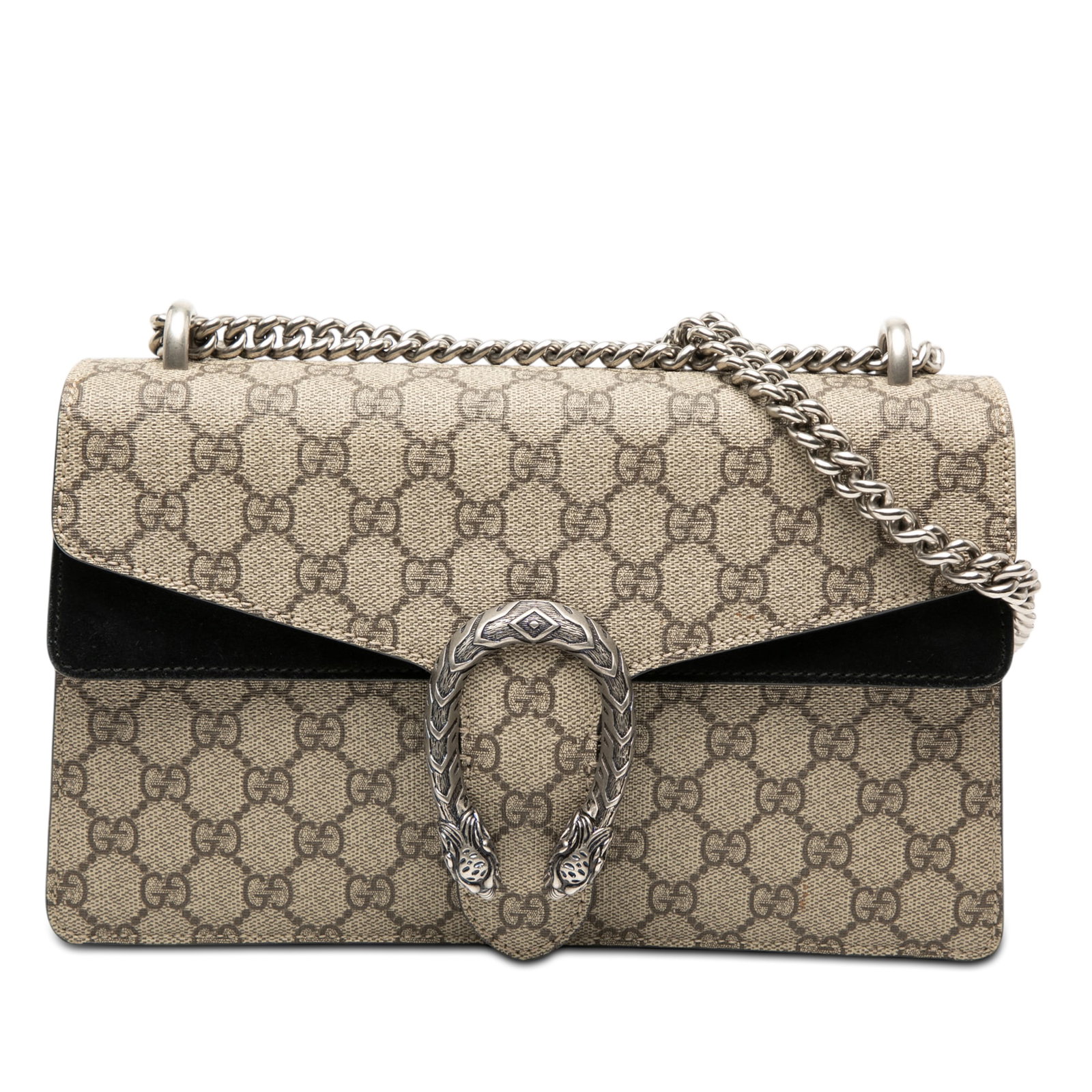 Medium Dionysus GG Supreme Beige Shoulder Bag by Gucci: Medium Dionysus GG Supreme Beige Shoulder Bag by Gucci This Gucci Medium GG Supreme Dionysus Shoulder Bag features a coated canvas body with suede leather trim, a chain link shoulder strap, a front fl