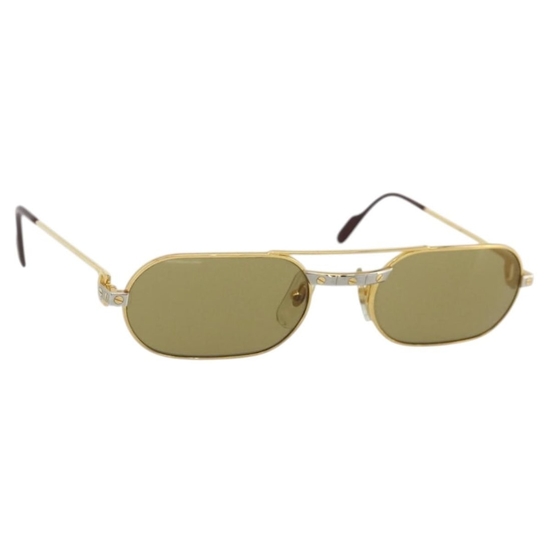 Cartier gold tone metal women's sunglasses: Cartier gold tone metal women's sunglasses These Cartier Santos De Cartier sunglasses feature a gold tone metal frame, offering a sophisticated and timeless look. Designed for women, the sunglasses ar