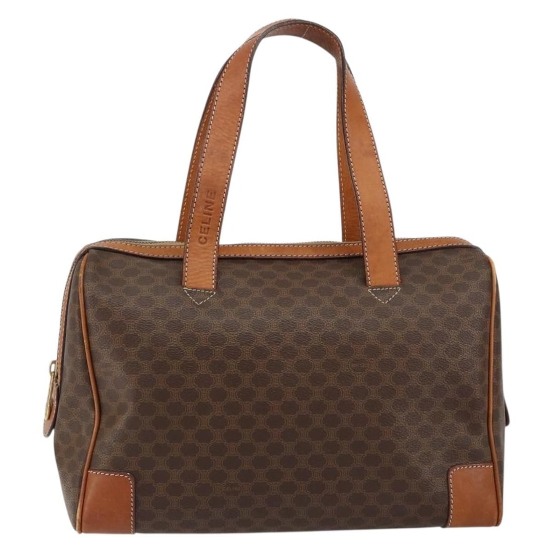 Celine Macadam Brown Canvas Leather Trim Handbag for Women: Celine Macadam Brown Canvas Leather Trim Handbag for Women This Celine Macadam handbag features a classic brown canvas exterior with leather accents. Designed for women, it is crafted in Italy and sho