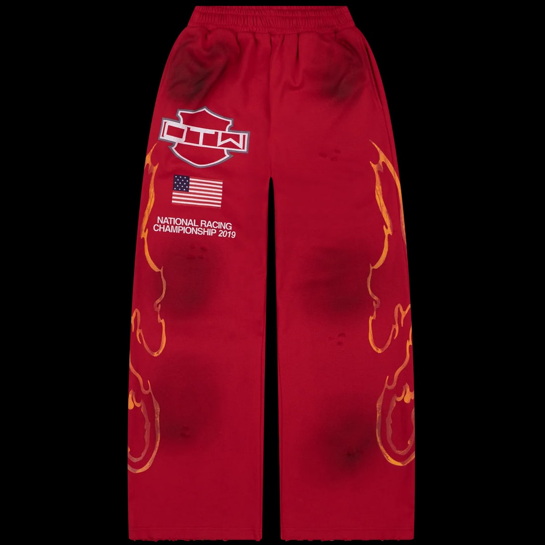 Medium Red Cotton-Blend Biker Jogger Sweatpants with Wide Leg Fit: Medium Red Cotton-Blend Biker Jogger Sweatpants with Wide Leg Fit The OTW Biker Red Sweats offer a bold streetwear look with a wide leg jogger silhouette. Made from a soft and durable cotton-blend fab