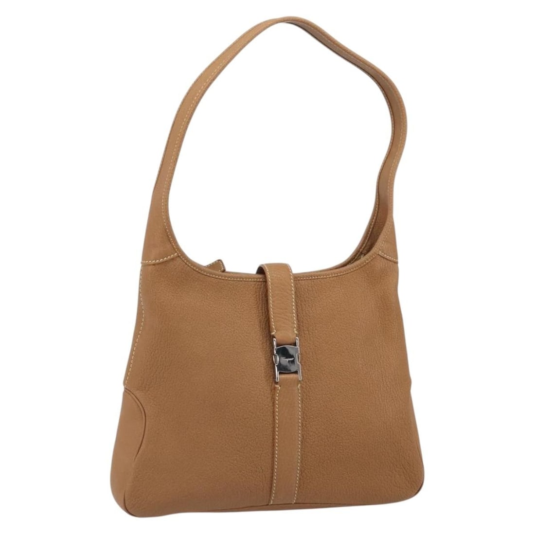 Salvatore Ferragamo Brown Leather Shoulder Purse with Silver Accents and Dust Bag: Salvatore Ferragamo Brown Leather Shoulder Purse with Silver Accents and Dust Bag This Salvatore Ferragamo shoulder bag features a brown leather exterior with silver-tone accents. It offers a structur