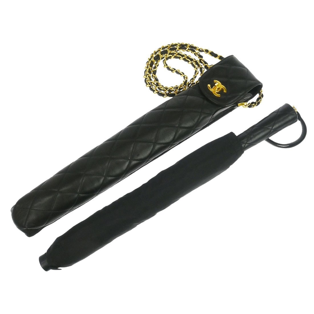 Black Umbrella and Pouch Set by Chanel for Women: Black Umbrella and Pouch Set by Chanel for Women This Chanel folding umbrella and bag set features a classic black color and is designed for women. Crafted in Italy, the umbrella combines style and pr