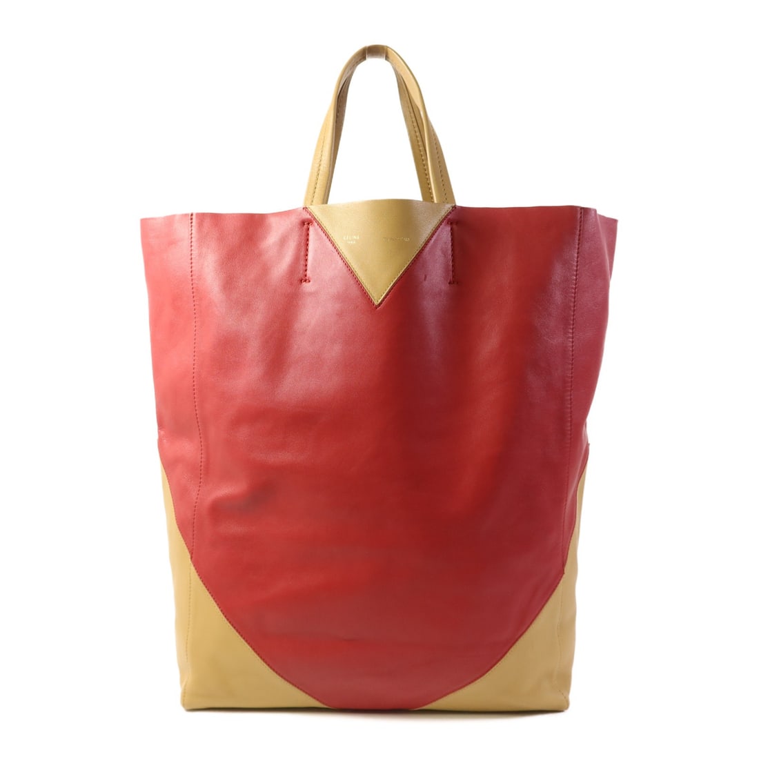 CELINE GHW Cabas Tote Bag Red Lambskin Leather France: CELINE GHW Cabas Tote Bag Red Lambskin Leather France This elegant CELINE Tote Bag is crafted from luxurious lambskin leather in a striking red hue. With a generous size, this bag features a height of