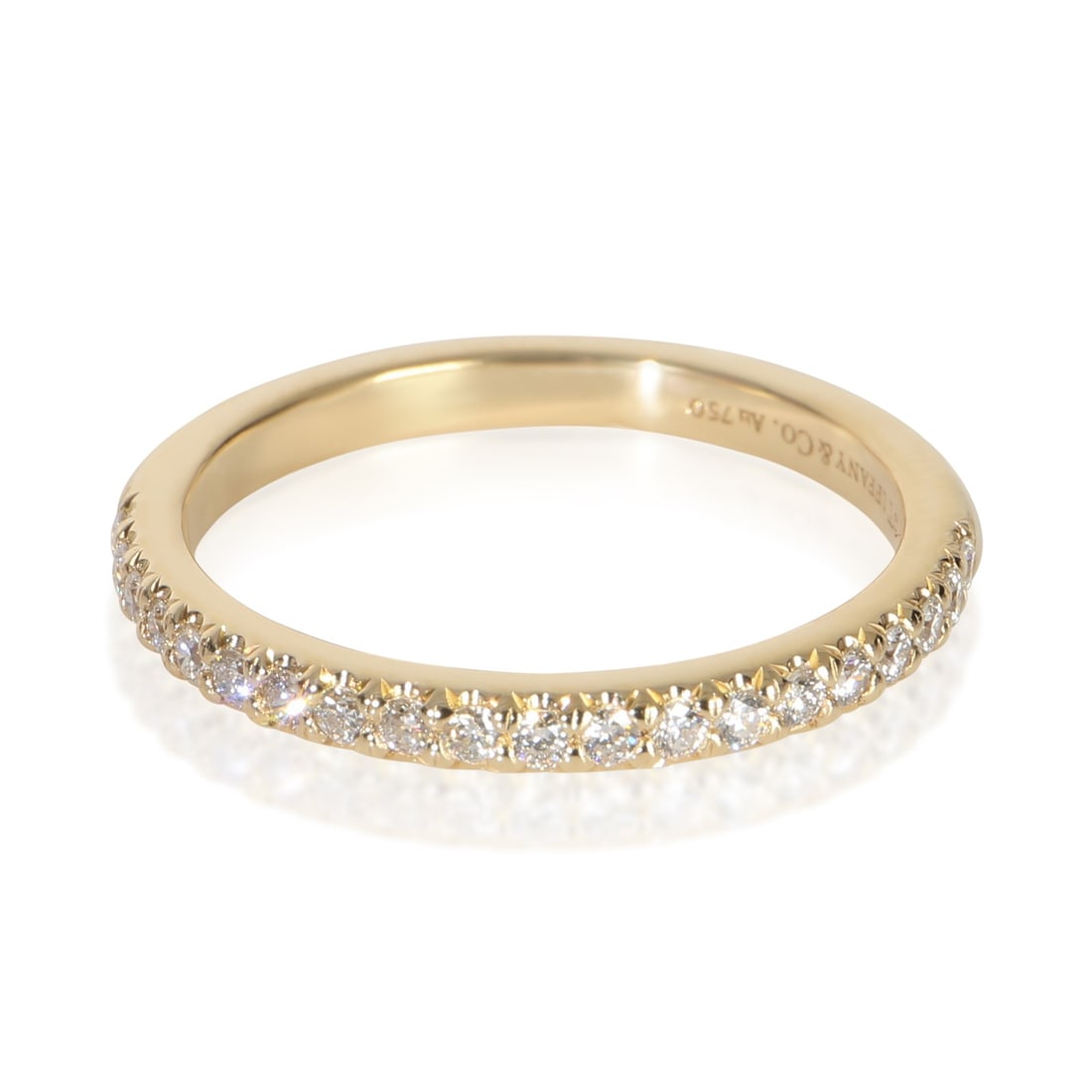 Soleste 18k Yellow Gold Diamond Band Ring Size 5 with Box: Soleste 18k Yellow Gold Diamond Band Ring Size 5 with Box This Tiffany & Co. Soleste band features round brilliant diamonds set in 18k yellow gold. The ring is designed for women and comes in size 5. 