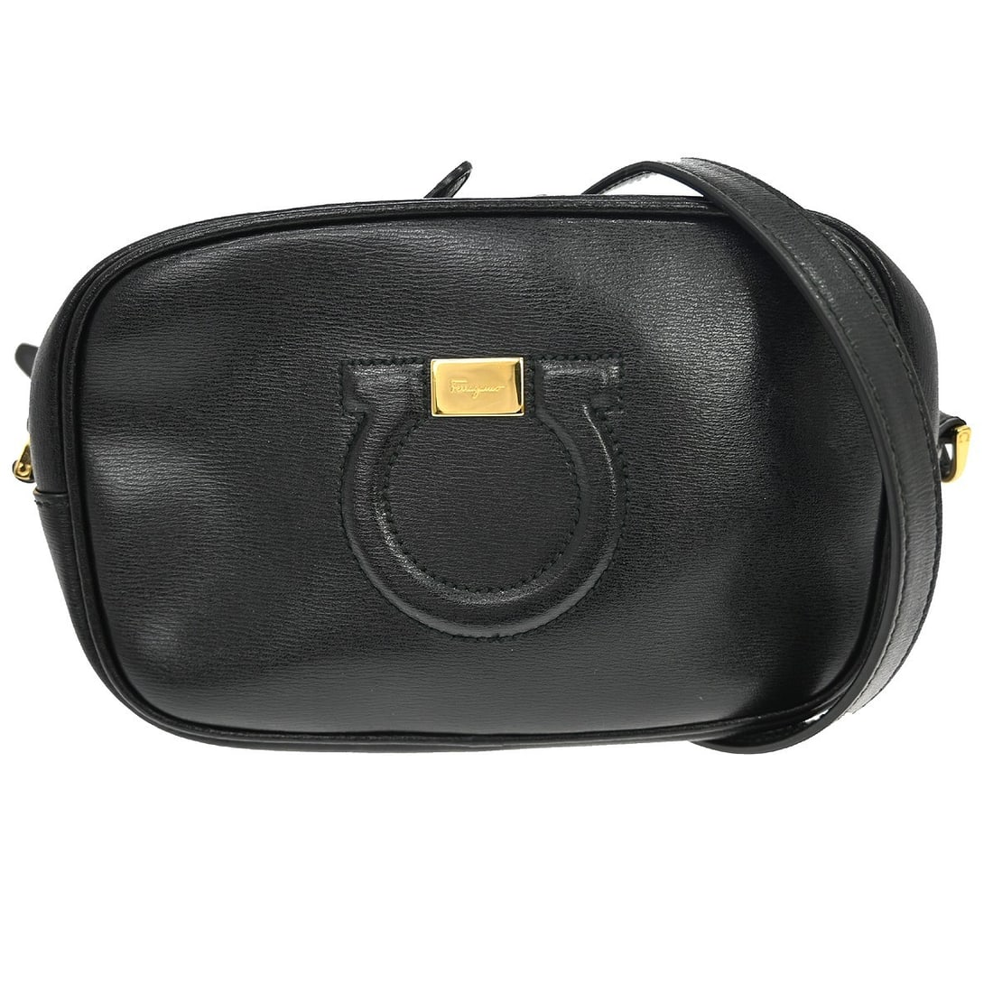 Salvatore Ferragamo Gancini Medium Black Leather Shoulder Bag: Salvatore Ferragamo Gancini Medium Black Leather Shoulder Bag This Salvatore Ferragamo Gancini shoulder bag features a sleek black leather exterior accented with the signature logo. Designed in a medi