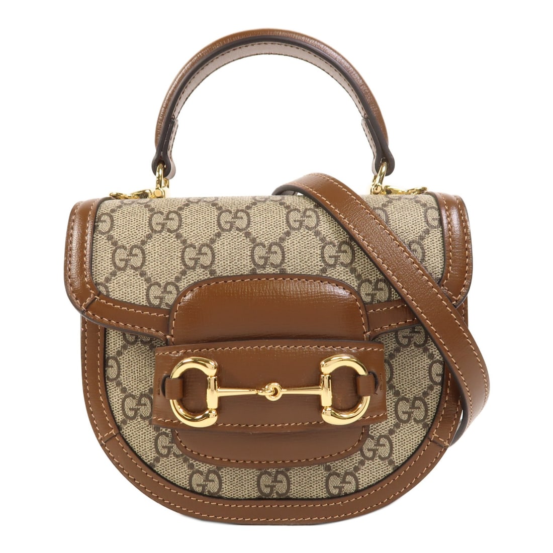 Gucci Horsebit 1955 Mini Bag Brown GG Canvas Gold Tone Hardware: Gucci Horsebit 1955 Mini Bag Brown GG Canvas Gold Tone Hardware This GUCCI GG Horsebit 1955 Mini Top Handle 2 Way Bag is crafted from PVC coated canvas in brown. Designed for women, it features a comp