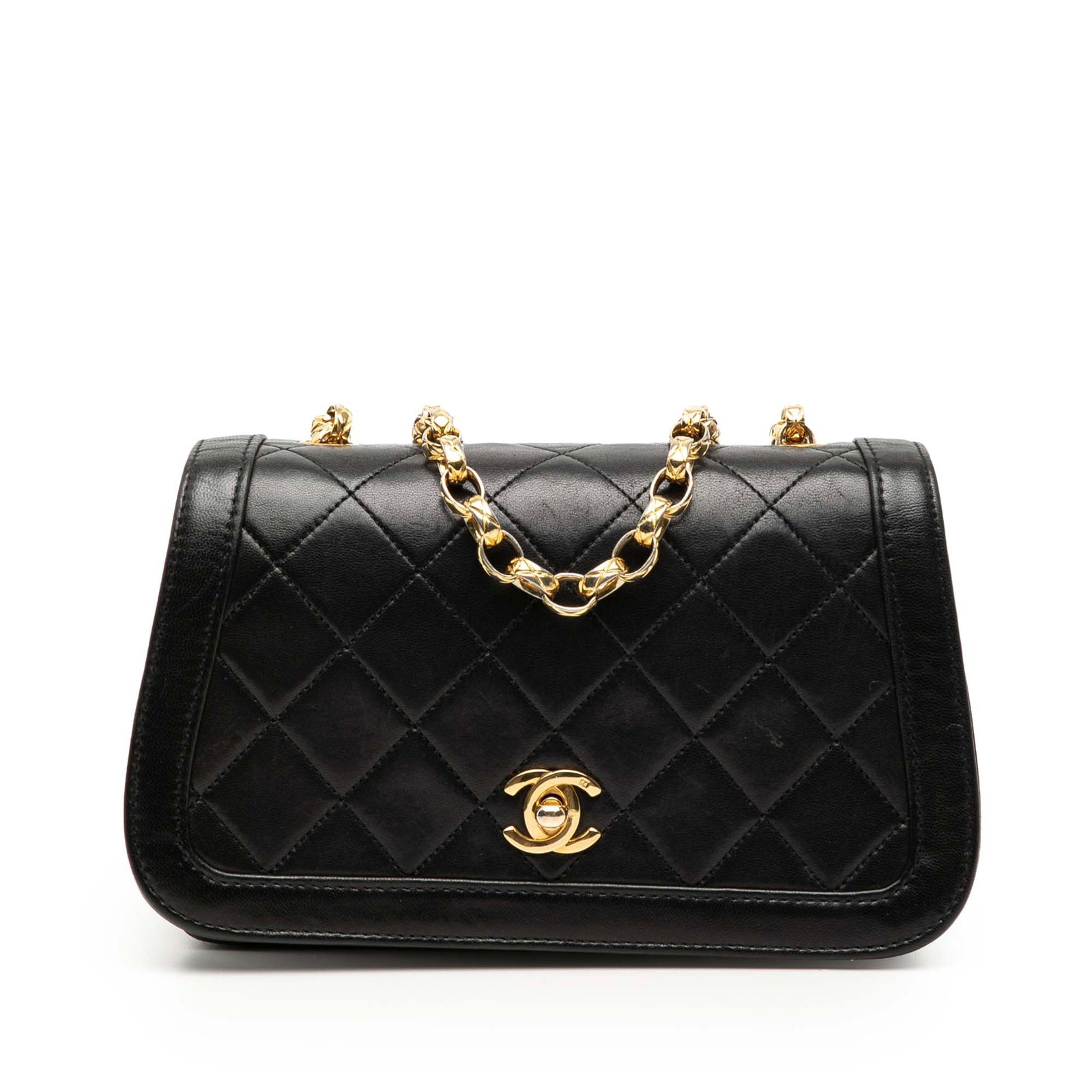 Chanel Black Lambskin Quilted Crossbody with Gold Bijoux Chain and Full Flap: Chanel Black Lambskin Quilted Crossbody with Gold Bijoux Chain and Full Flap This Chanel CC Quilted Lambskin Bijoux Chain Curved Full Flap crossbody bag features a black lambskin leather body, a gold-