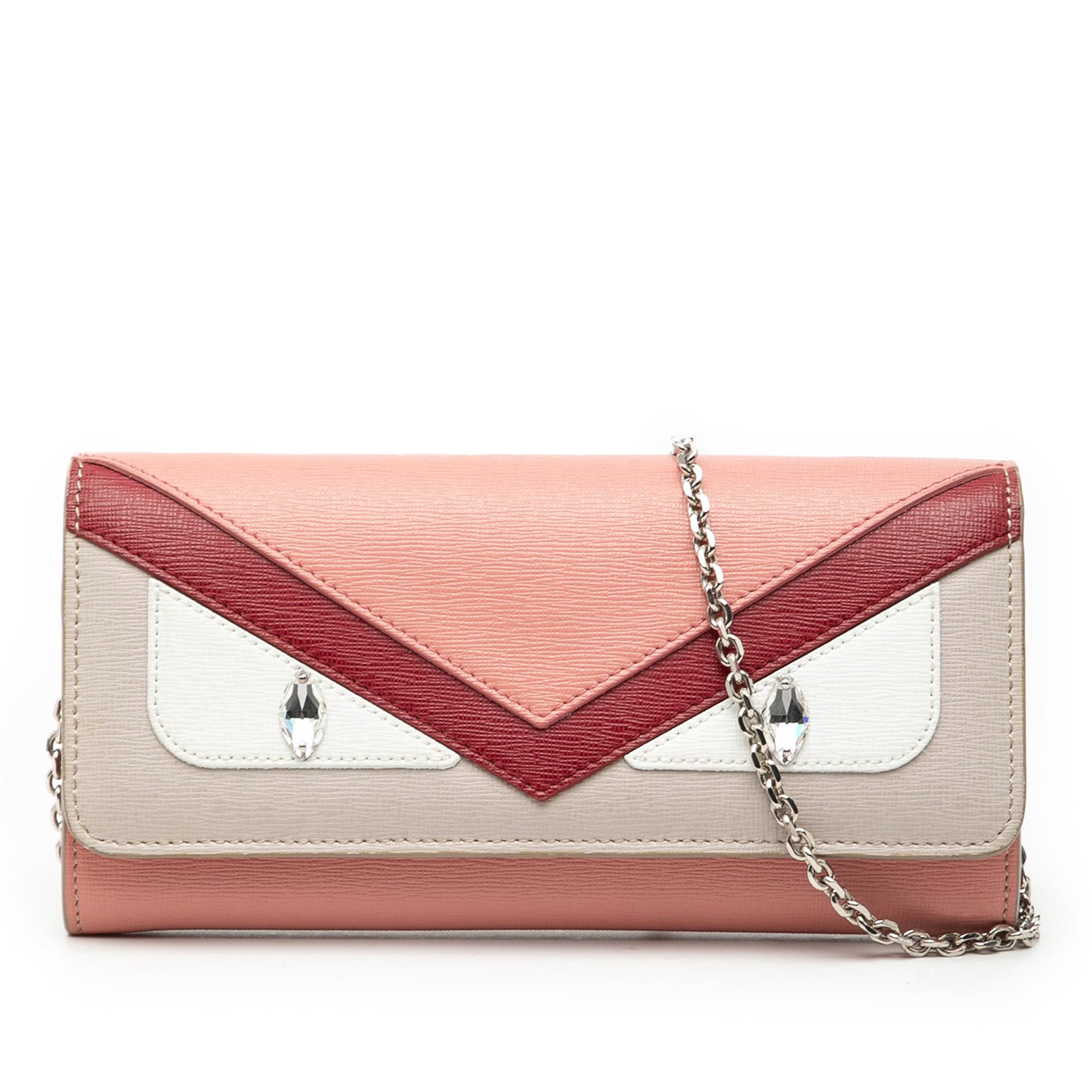 Pink Fendi Monster Leather Wallet on Chain with Flap Closure: Pink Fendi Monster Leather Wallet on Chain with Flap Closure The Fendi Leather Monster Wallet With Chain features a pink leather body, a chain-link shoulder strap, and a front flap with magnetic snap 