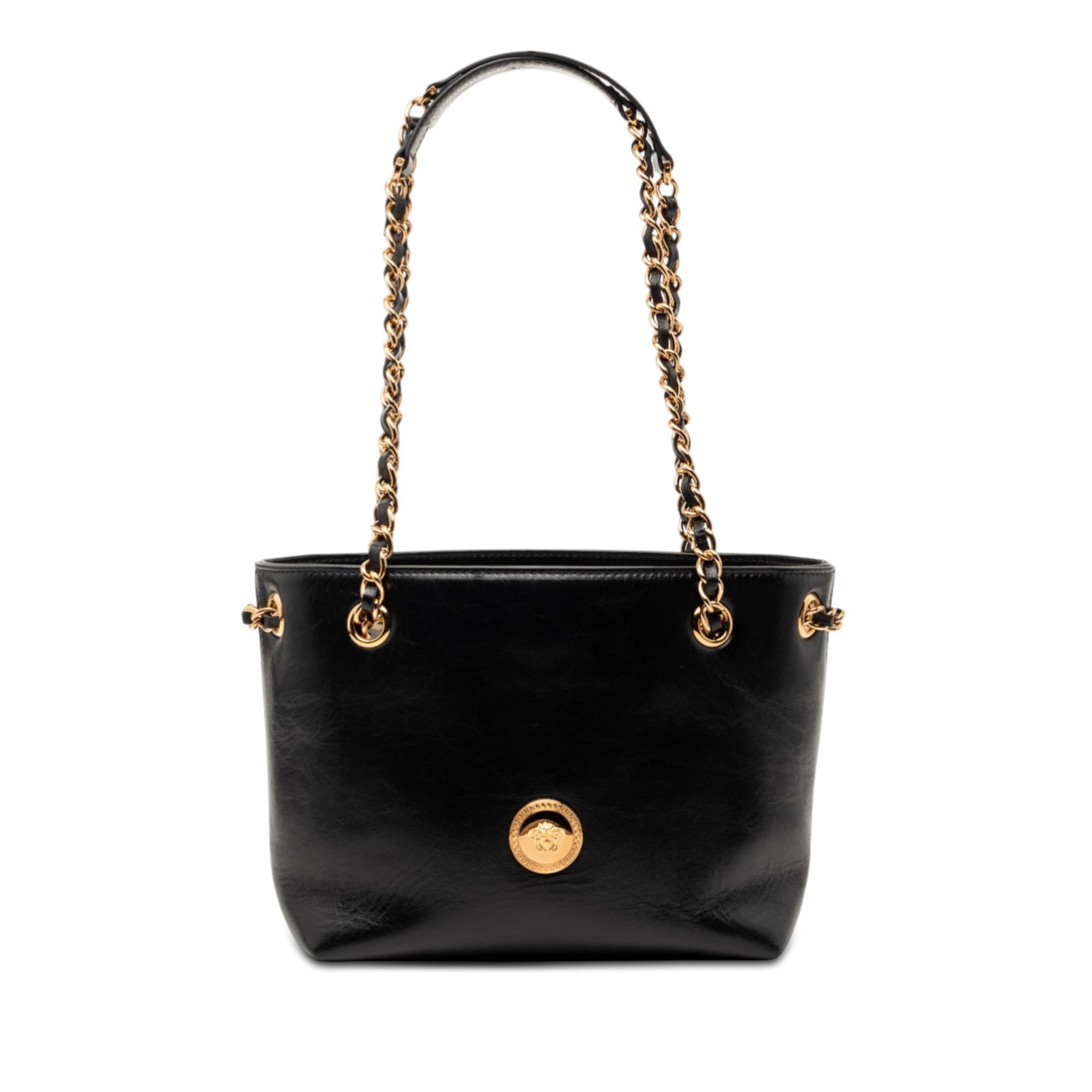 Black Leather La Medusa Shoulder Purse by Versace: Black Leather La Medusa Shoulder Purse by Versace This Versace La Medusa shoulder bag features a black leather body with a woven chain link strap that includes a leather guard. The bag has an open top
