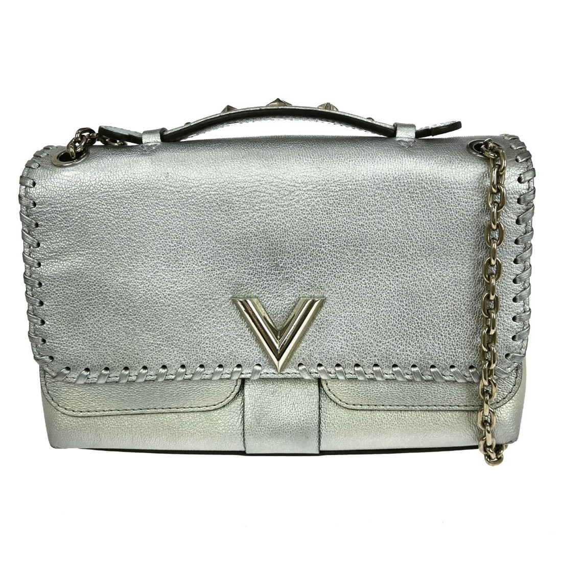 Louis Vuitton Very Chain Leather Shoulder Bag Silver 25cm: Louis Vuitton Very Chain Leather Shoulder Bag Silver 25cm Louis Vuitton Very Chain Bag crafted from leather in a silver tone. Designed for female use, this bag features a whipstitch detail and measure