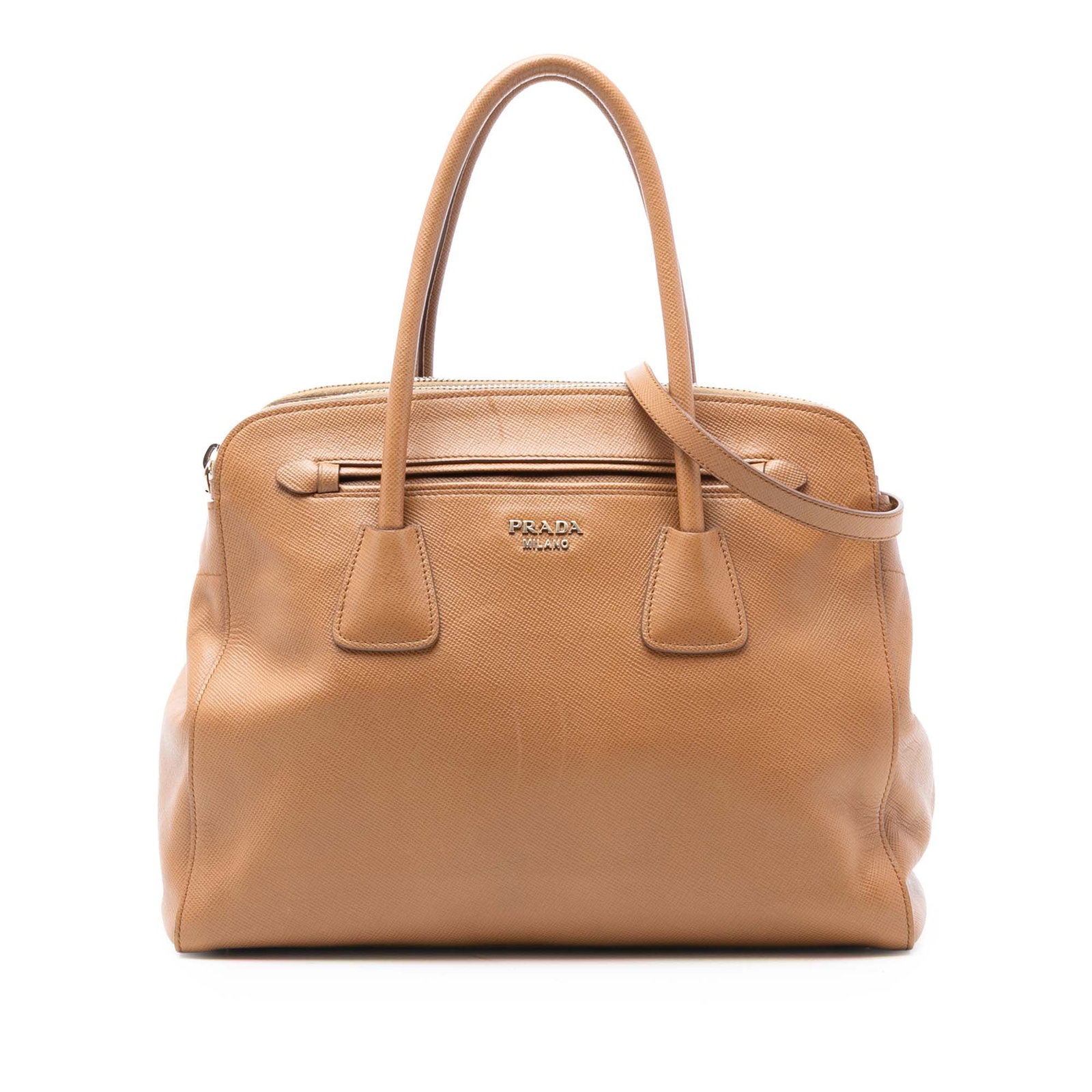 Brown Prada Saffiano Leather Satchel with Removable Strap: Brown Prada Saffiano Leather Satchel with Removable Strap This Prada Saffiano Cuir Satchel is crafted from brown saffiano leather and features rolled leather handles, a detachable flat leather strap, 