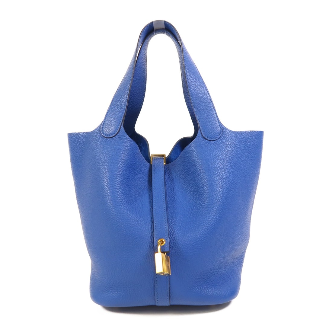 HERMES Picotin MM Handbag Clemence Leather Blue GHW France: HERMES Picotin MM Handbag Clemence Leather Blue GHW France This exquisite HERMES Picotin MM Hand Bag features a stylish bucket tote design crafted from premium Clemence leather. The rich blue exterior