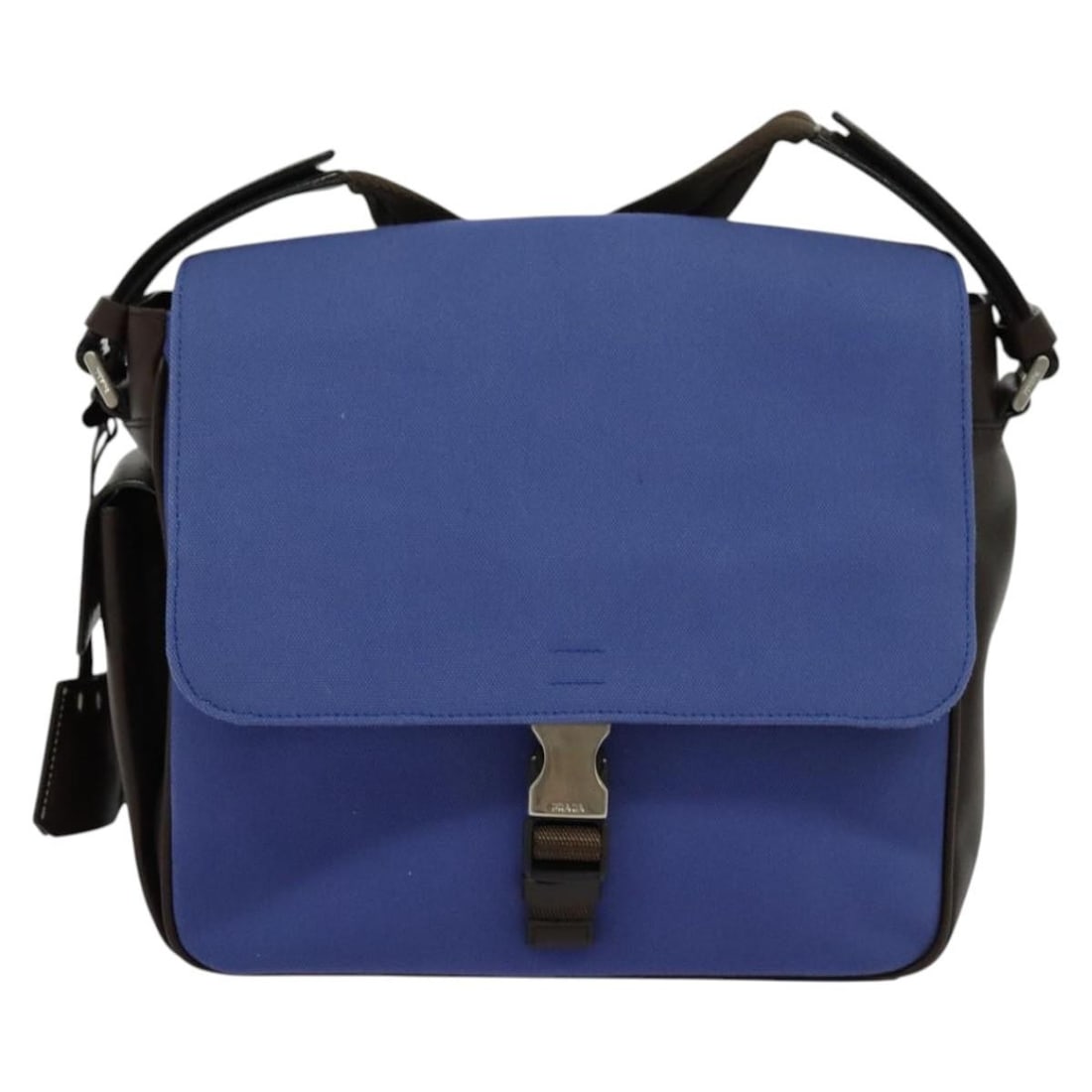 Prada Impunturato Blue Canvas Messenger Bag with Buckle Flap: Prada Impunturato Blue Canvas Messenger Bag with Buckle Flap The Prada Impunturato Buckle Flap Messenger Bag is crafted from blue canvas and features a practical flap design with buckle detailing. Des