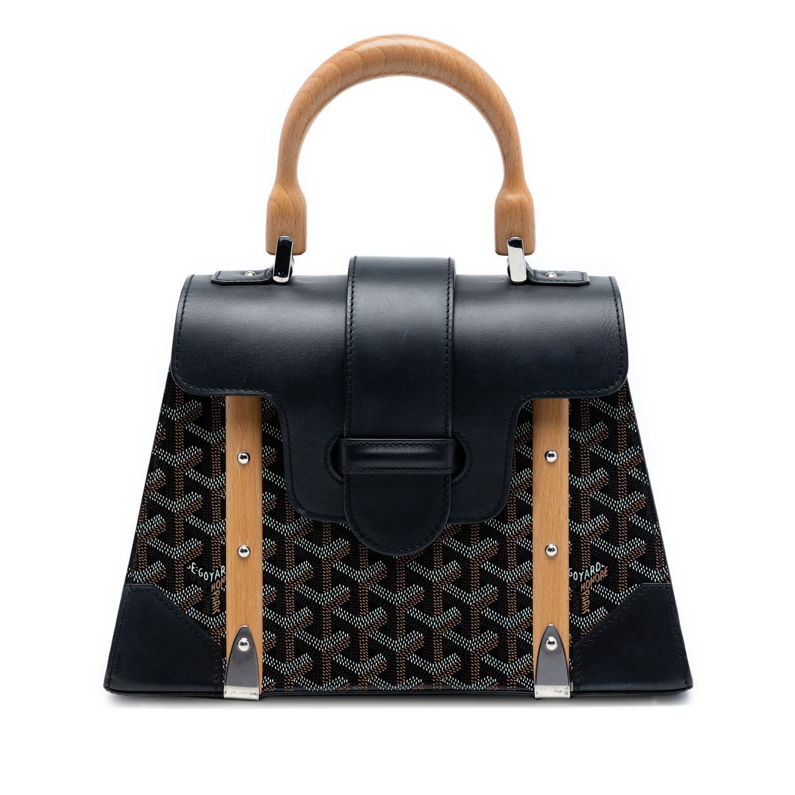 Goyard Saigon PM Black Canvas Bag with Leather Trim and Wood Handle: Goyard Saigon PM Black Canvas Bag with Leather Trim and Wood Handle This Goyardine Saigon Structured PM features a coated canvas body with leather trim, a wooden top handle, a front flap with slip-thr