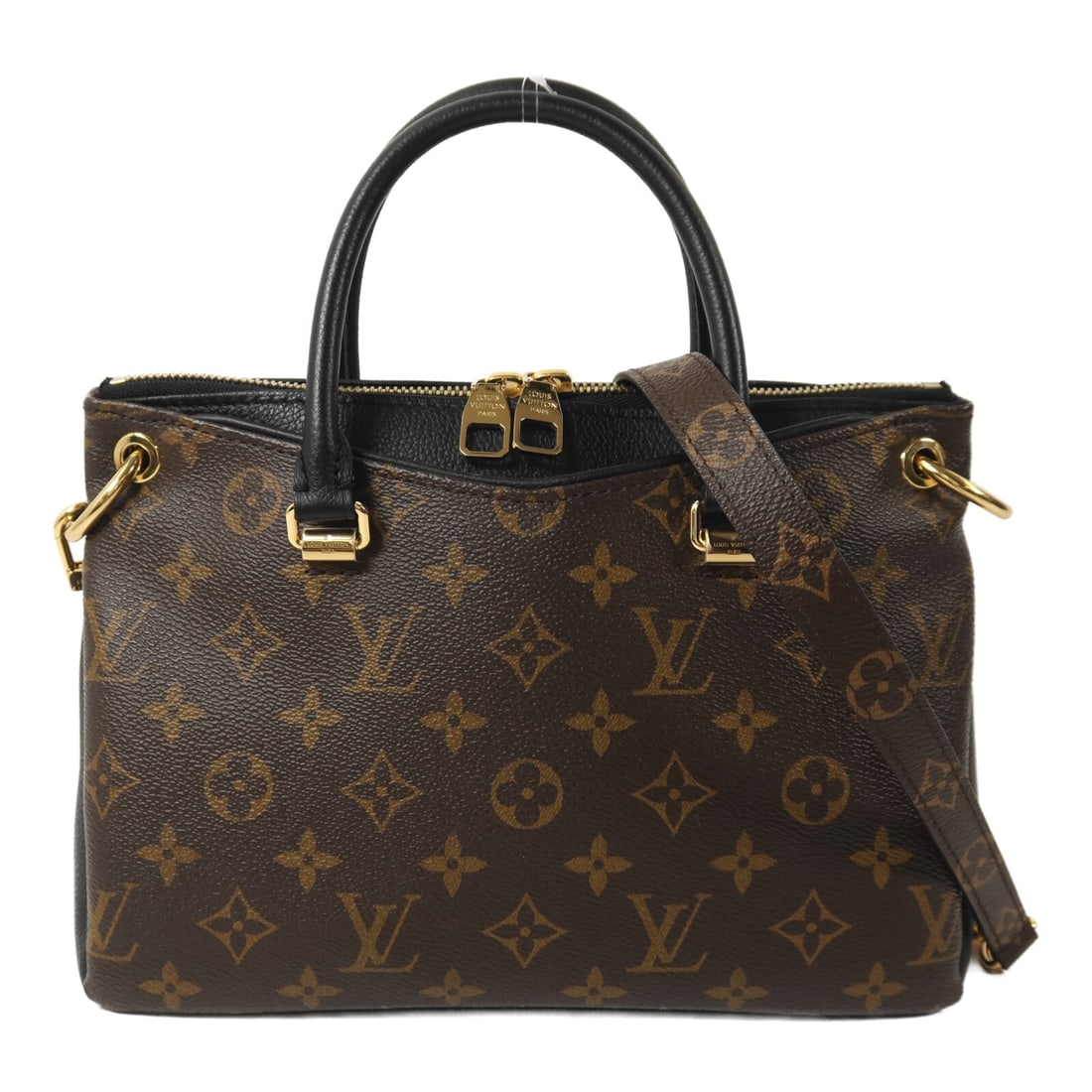 Louis Vuitton Pallas BB Black Brown Monogram Two Way Shoulder Bag M41218: Louis Vuitton Pallas BB Black Brown Monogram Two Way Shoulder Bag M41218 This Louis Vuitton Pallas BB 2-way shoulder bag features the classic Monogram pattern in black and brown PVC coated canvas. Des