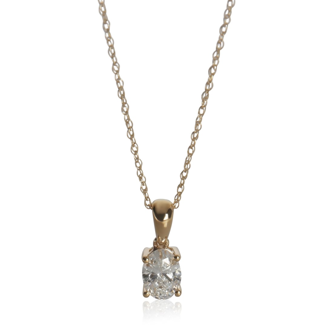 Oval 0.51ct Lab-Created Diamond Pendant in 14k Yellow Gold 18 Inch Necklace: Oval 0.51ct Lab-Created Diamond Pendant in 14k Yellow Gold 18 Inch Necklace This women's pendant features an oval-shaped lab-grown diamond set in 14k yellow gold. The pendant has a total diamond weigh